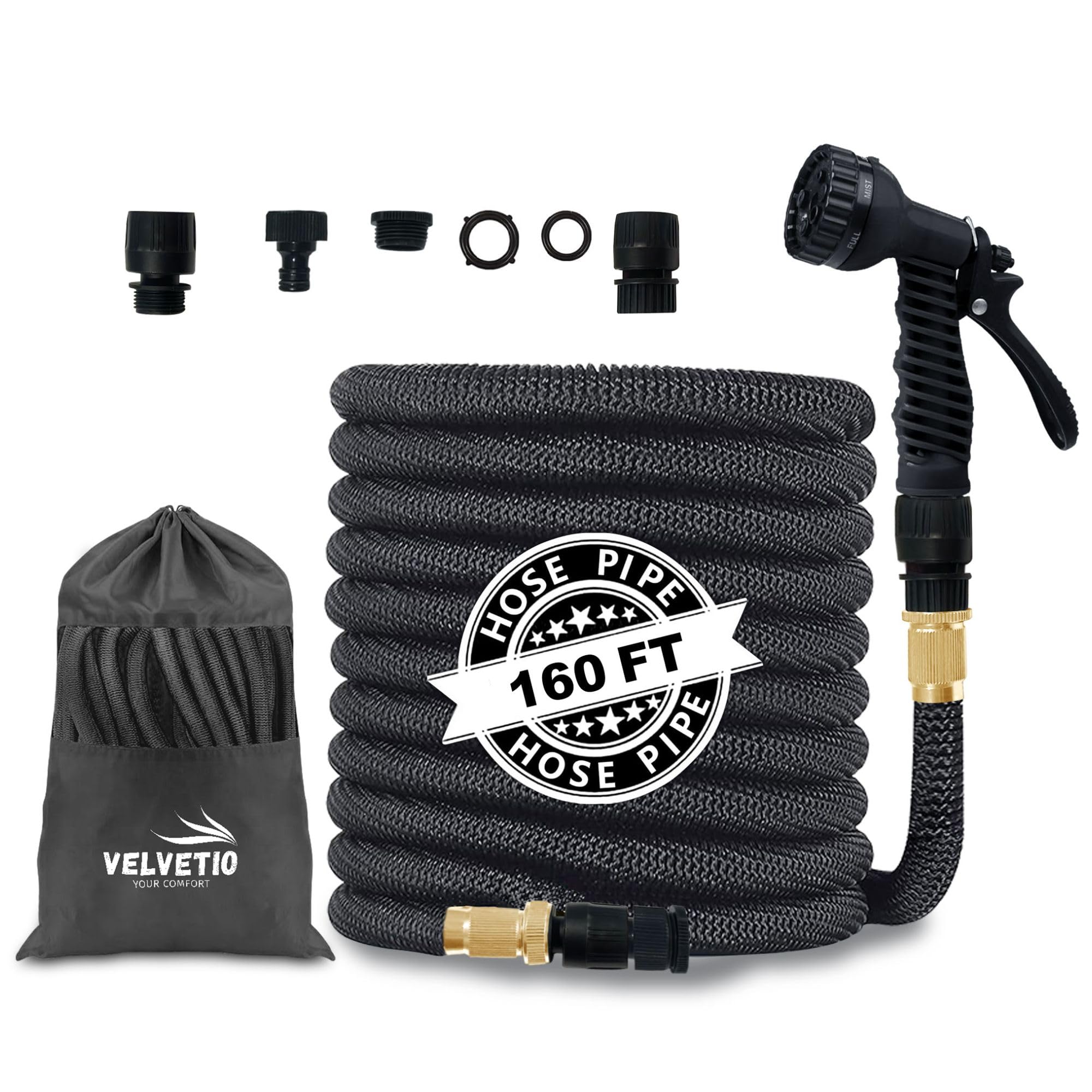 VELVETIO Expandable Strong Garden Hose Pipe 160FT, 7 Function Nozzle Spray Gun with 3/4" 1/2" 1" Leakproof Connector, 4 Layer Latex Core No Kink Flexible Hose for Outdoor & Car Wash, Black — image 1