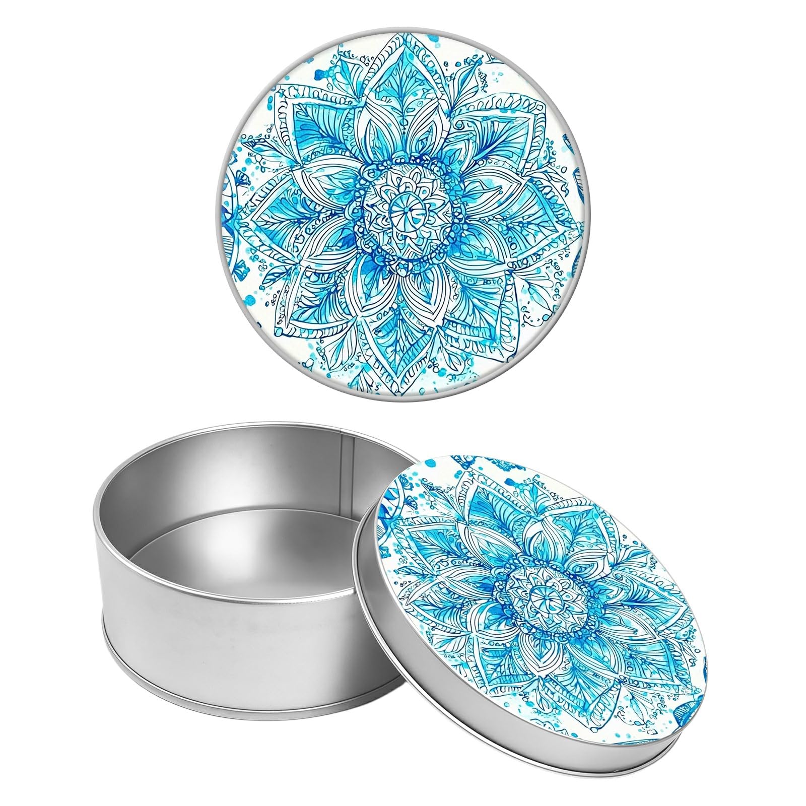 Round Metal Tin Container with Removable Lid, Light Blue Mandala Durable Metal Storage Box for Crafts Snacks Candies Office Supplies Small Items 3.54 x 1.38 inch– Single Pack
