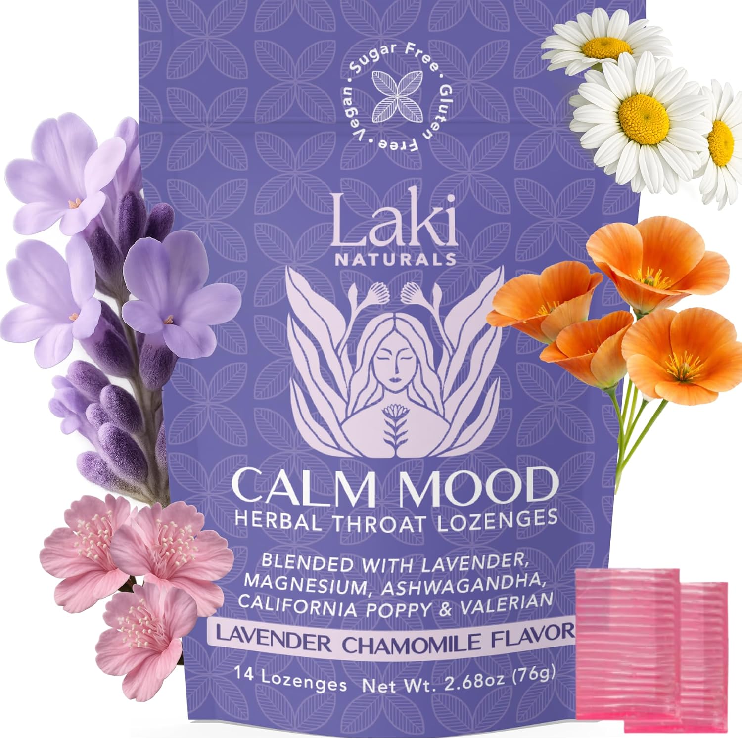 Laki Naturals Lavender Chamomile Calm Mood Functional Herbal Lozenges (2 Pack) Throat & Mood Calming Hard Candies with Magnesium, Ashwagandha, California Poppy & Valerian