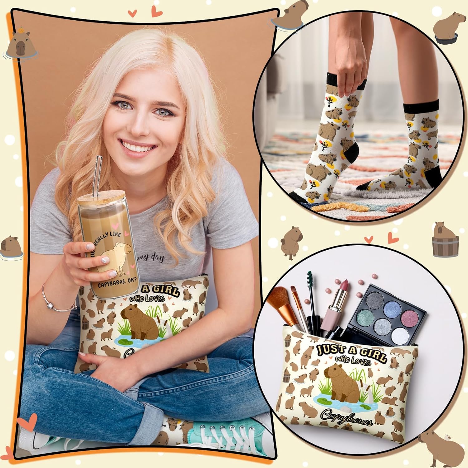 Layhit 3 Pcs Capybara Gifts for Women Thank You Gift 16 oz Coffee Glass Cosmetic Makeup Bag Cute Socks Valentine's Day Gift for Animal Capybara Lovers - Image 5