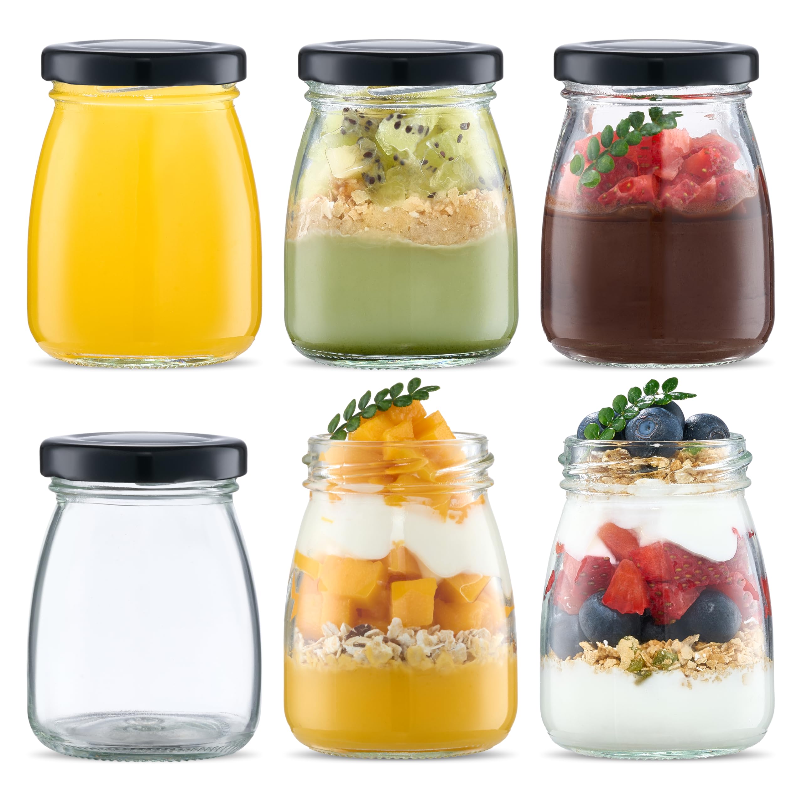 6pcs 100ml Clear Glass Bottles with Pretty black Lids Small Glass Jars Mini Milk Bottles for Yogurt Pudding Jam