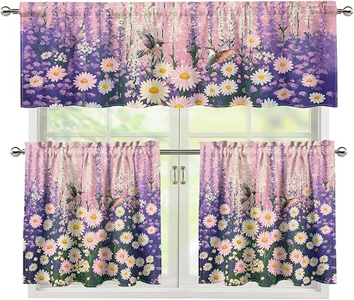 Miniatura 17 de Cortinas de Cocina con Colibríes y Flores, Cortinas de Ventana con Cenefa y Niveles Juego de 3, Cortinas Cortas con Bolsillo para Barra, Cortinas