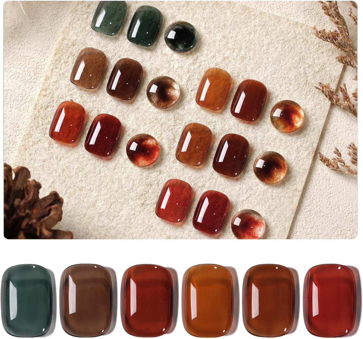 Jelly Dark Green Brown Gel Nail Polish Set, 6 Transparent Colors Sheer Red Fall Colors Soak Off UV Light Cure Gel Polish Kit for Salon and Nail Art DIY at Home