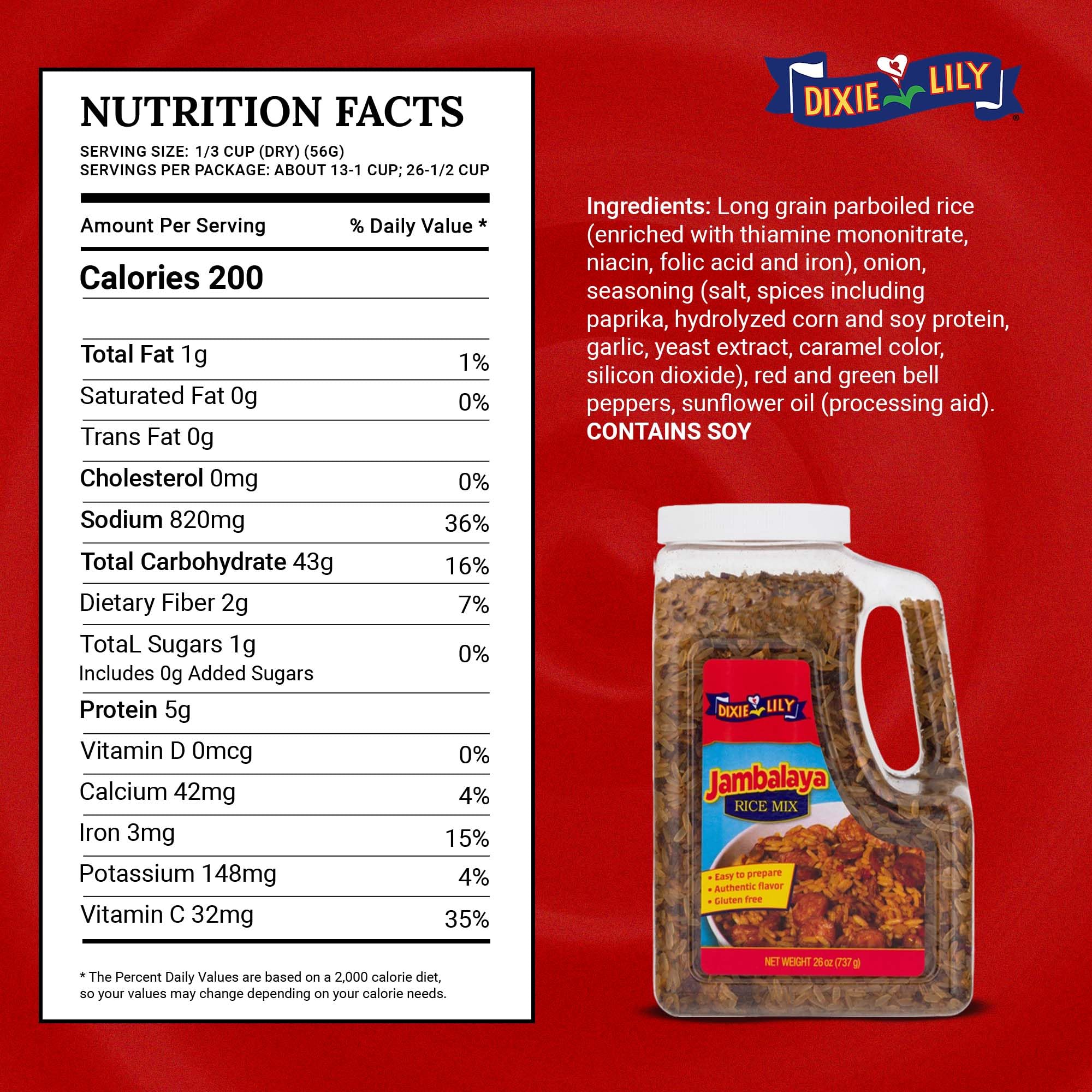 Dixie Lily Jambalaya Rice Mix - Long Grain Parboiled Rice with Bell Peppers, Onion & Spices, Enriched with Vitamins, Easy-to-Prepare - 26oz, 1 Pack