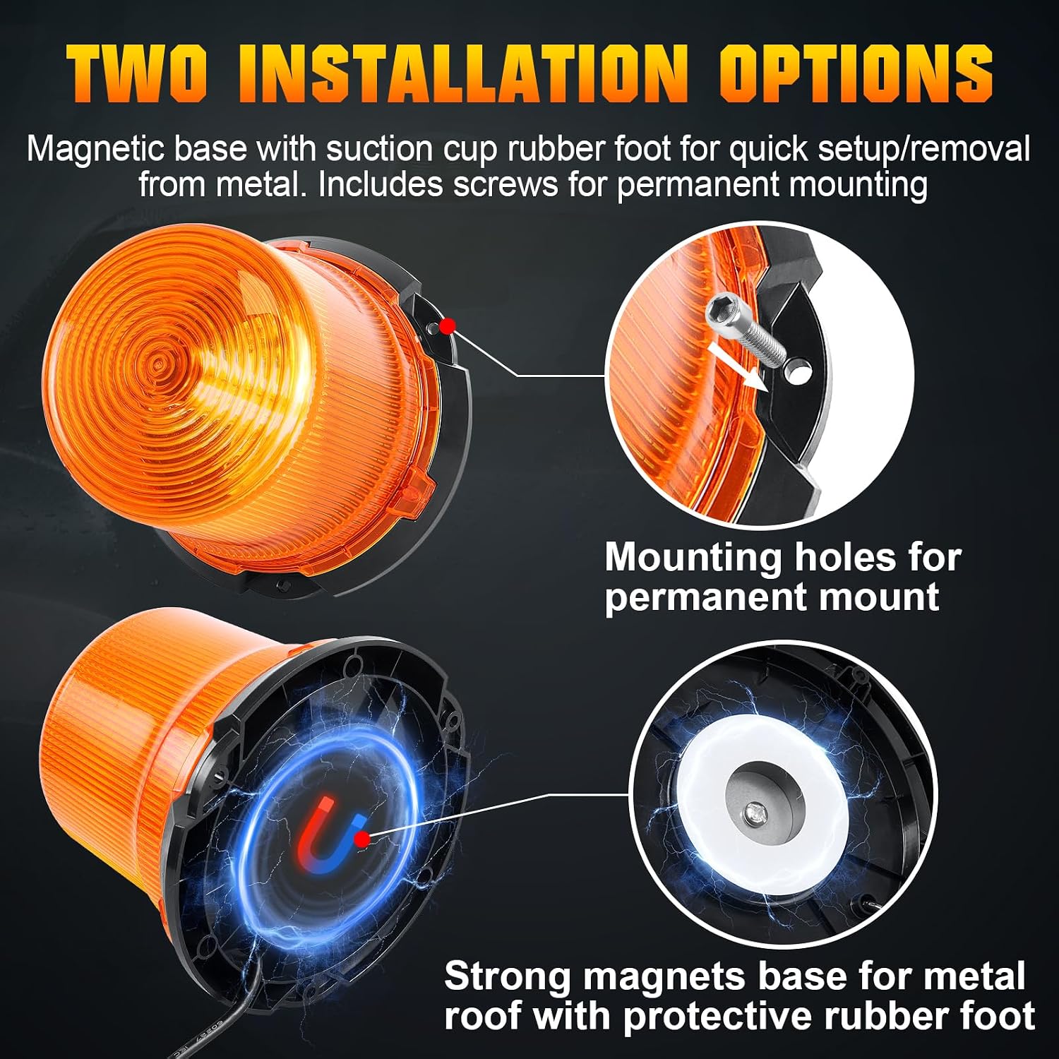 Willpower 5 inch Round Amber Beacon Strobe Lights with Magnetic Base, 12-24V Warning Safety Flashing Emergency Mini Light Bar w/Cigarette Lighter Plug for Construction Trucks Vehicles Car Snow Plow
