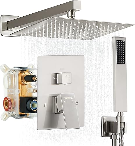 Fransiton Sistema de ducha de níquel cepillado de 10 pulgadas, sistema de ducha de lluvia montado en la pared, cabezal de ducha de lluvia con mano,