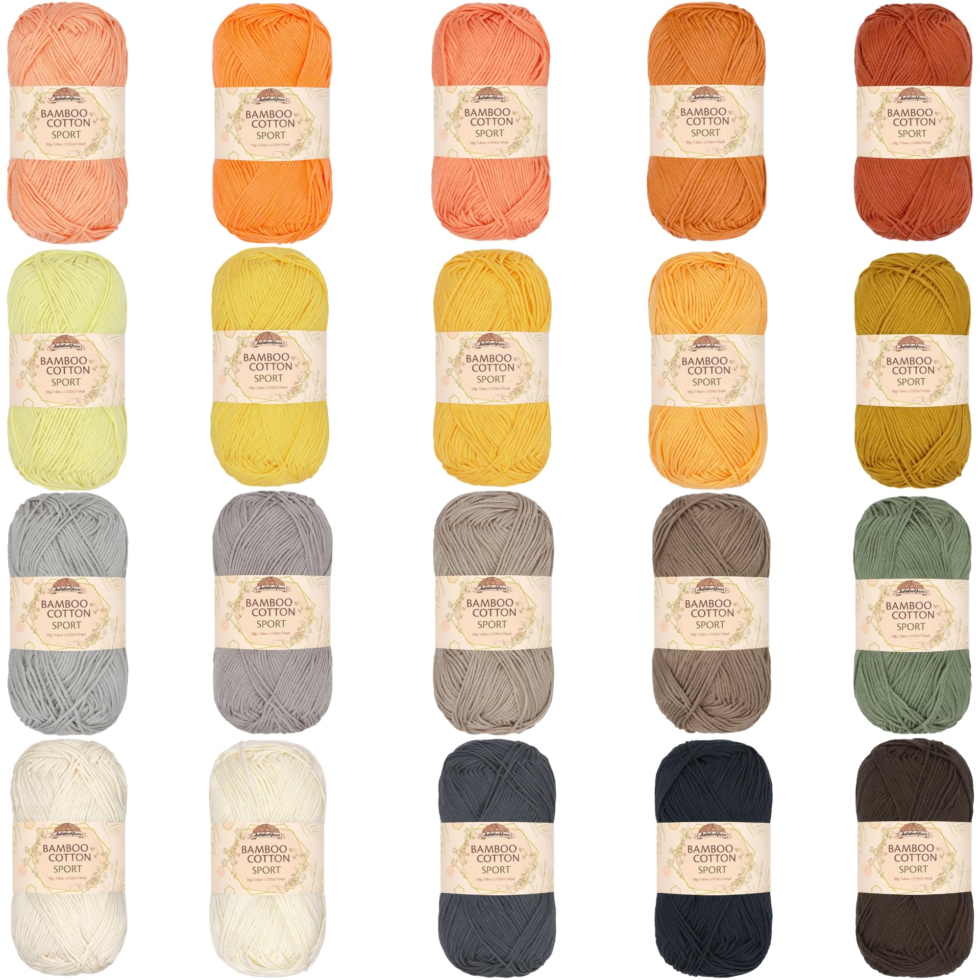 JubileeYarn - Hilo deportivo de algodón de bambú de 4 capas, 50 g/madeja, colores claros, 20 madejas