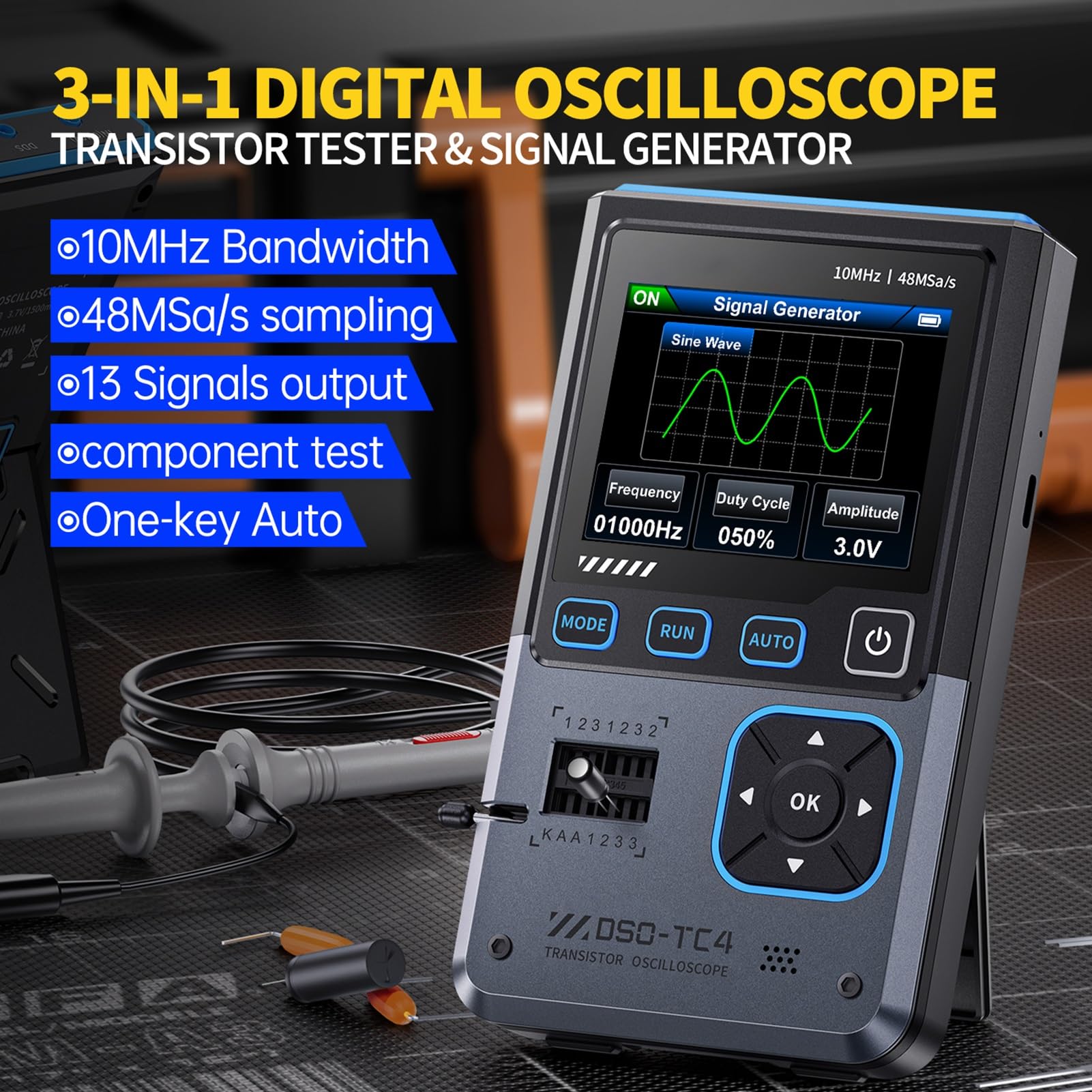 DSO-TC4 Oszilloskop, 3 in 1 Digital Oscilloscope/Transistor Tester/Signal Generator, 10 MHz Bandbreite, 48 MSa/s Abtastrate, mit Überhitzungsschutz