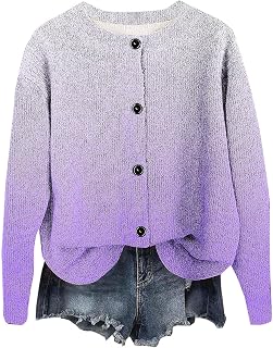 HGps8w Gradient Cardigans for Women Ribbed Knit Button Down Jackets Long Sleeve Crewneck Cozy Fall Winter Outerwear