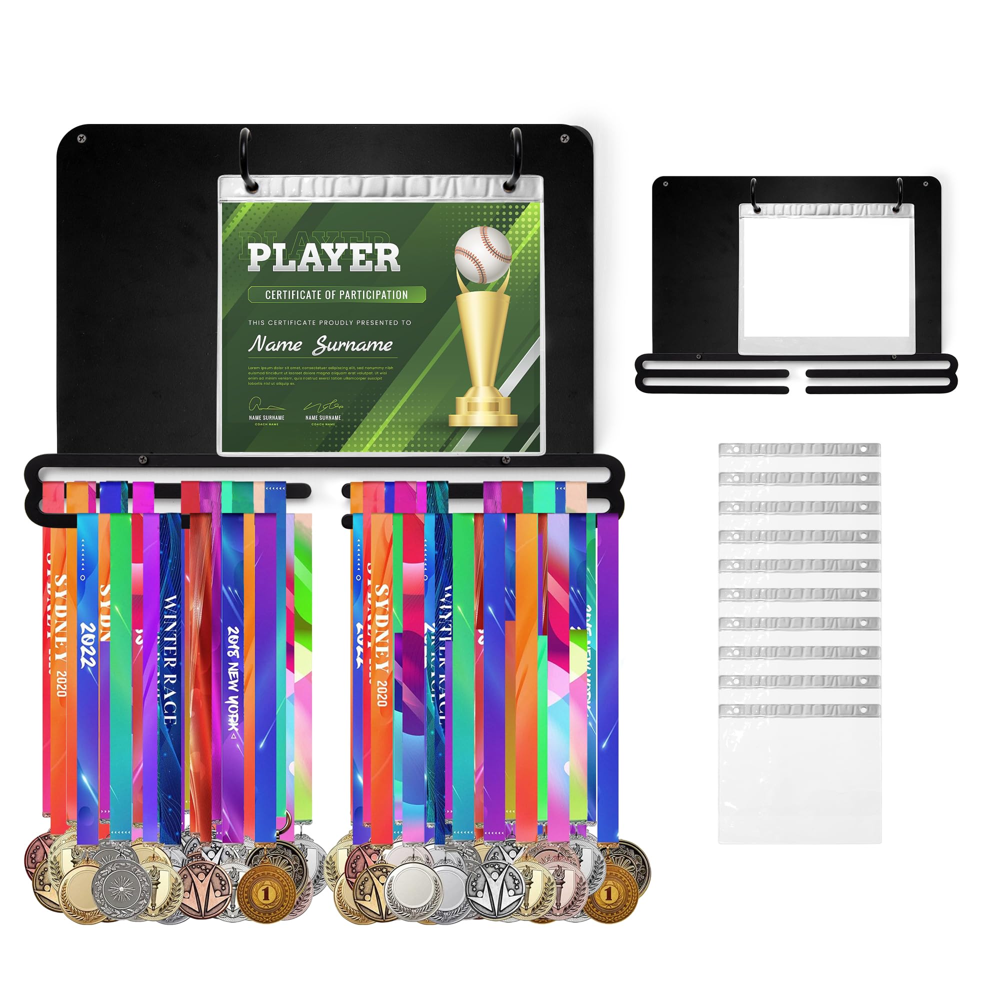 Defined Deco Medal Hanger and Trophy Shelf With 32 Hooks - Wooden Holder for Wall Mount Ribbon Display - Rack for Gymnastics, Soccer, Running Race Medals and Awards