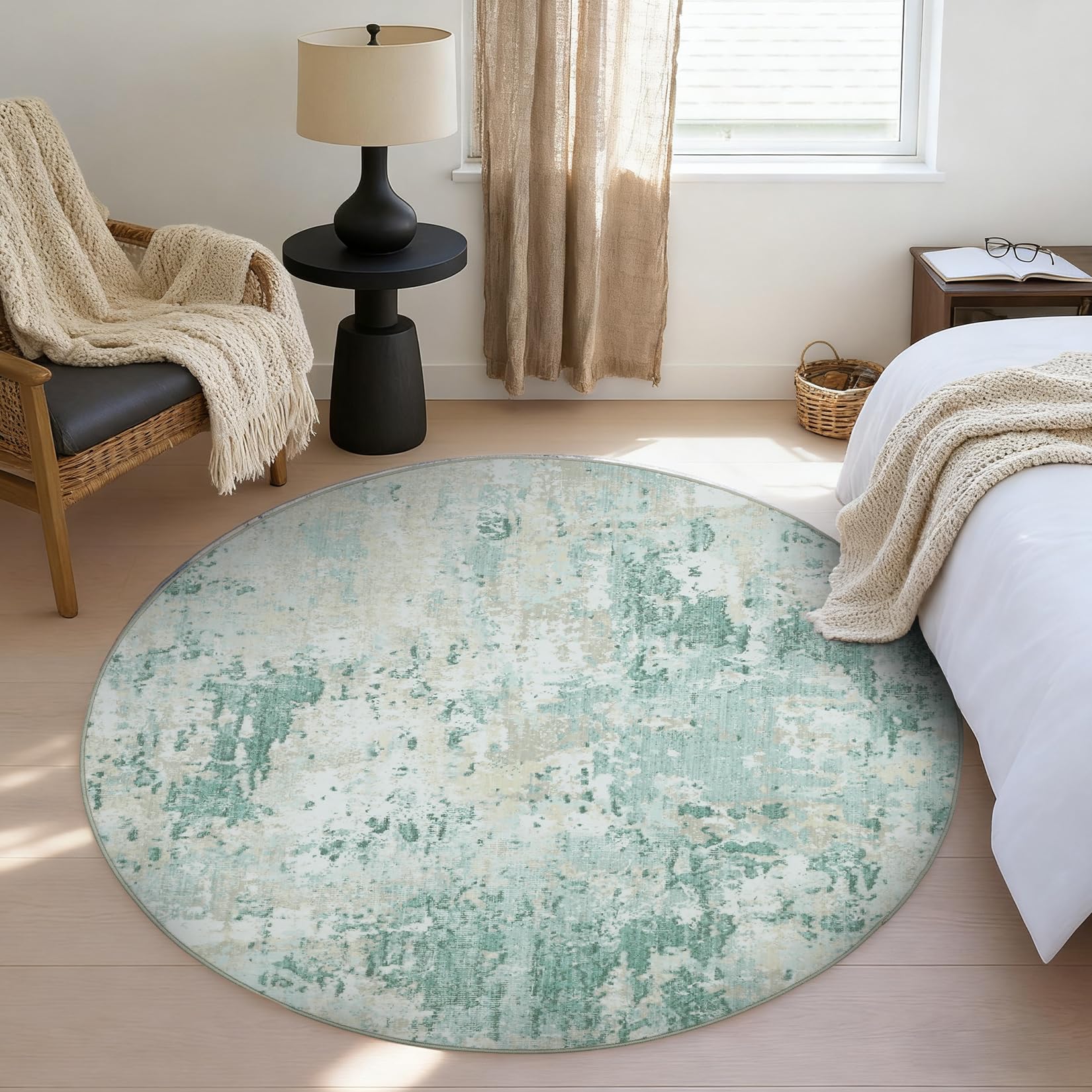 CAROMIO Tapis rond moderne abstrait pour chambre à coucher, salon, tapis moderne antidérapant pour bureau et bureau - Tapis pliable à poils courts - Vert - 120 cm