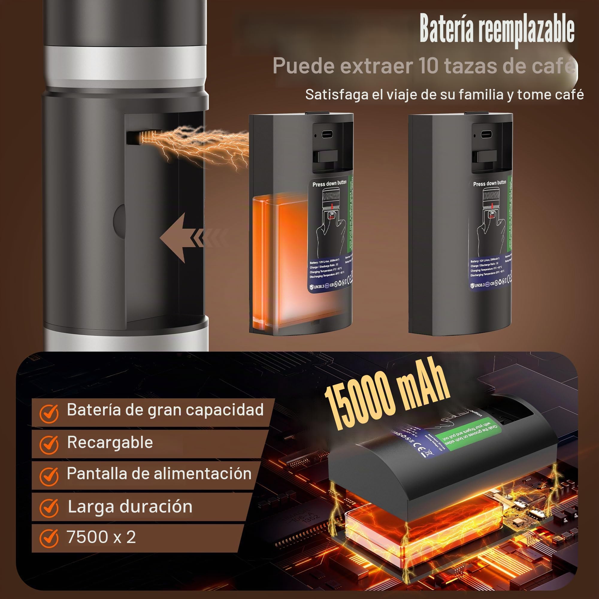 Cafetera Portátil 3 en 1 con Batería Extraíble Recargable 15000mAh, Máquina de Café Portátil 20 Bar Autocalentable con Pantalla LED, Compatible con Cápsulas y Café Molido, Ideal para Viaje, Camping