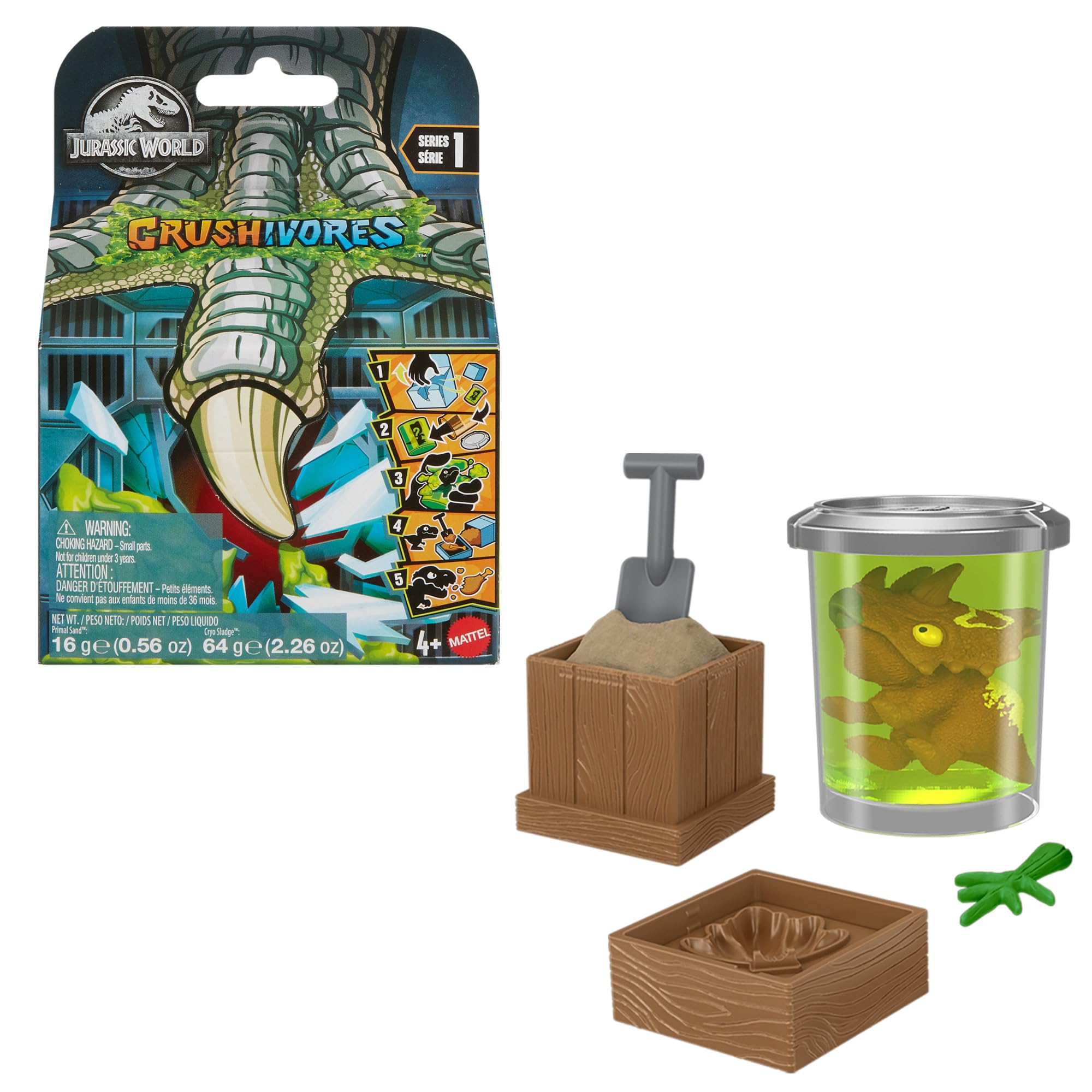 Jurassic World Unboxing Crushivores Mini Dinosaur Toy Figure in Rip-Open Package with Multiple Compounds & Surprises, Feeding Play, HVB29