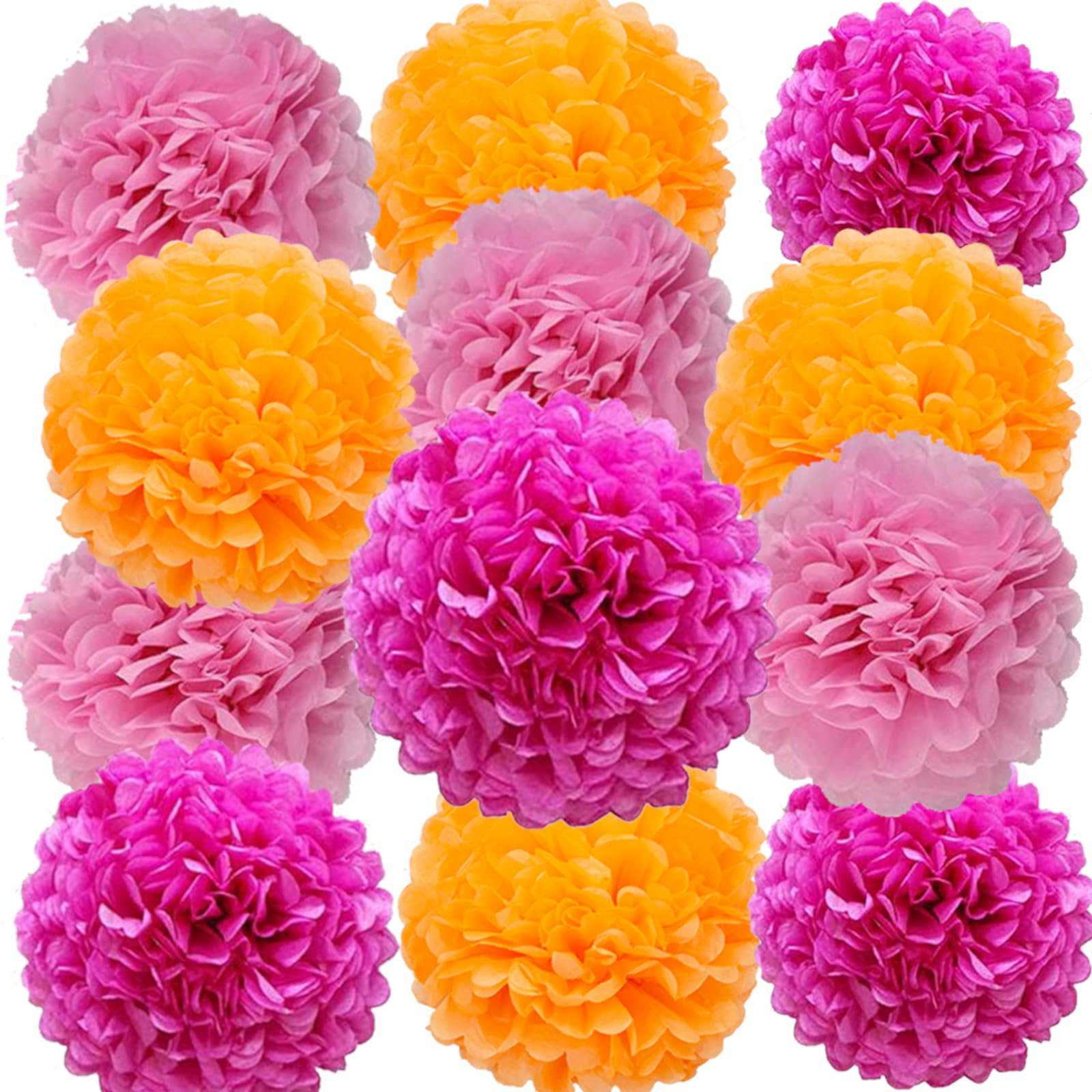 Rose Red,Light Pink and Orange Paper Pom Poms Decorations for Pink Orange Party Ceiling Wall Hanging Tissue Flowers Decorations，12pcs 3 Colors of 12 Inch, 10 Inch