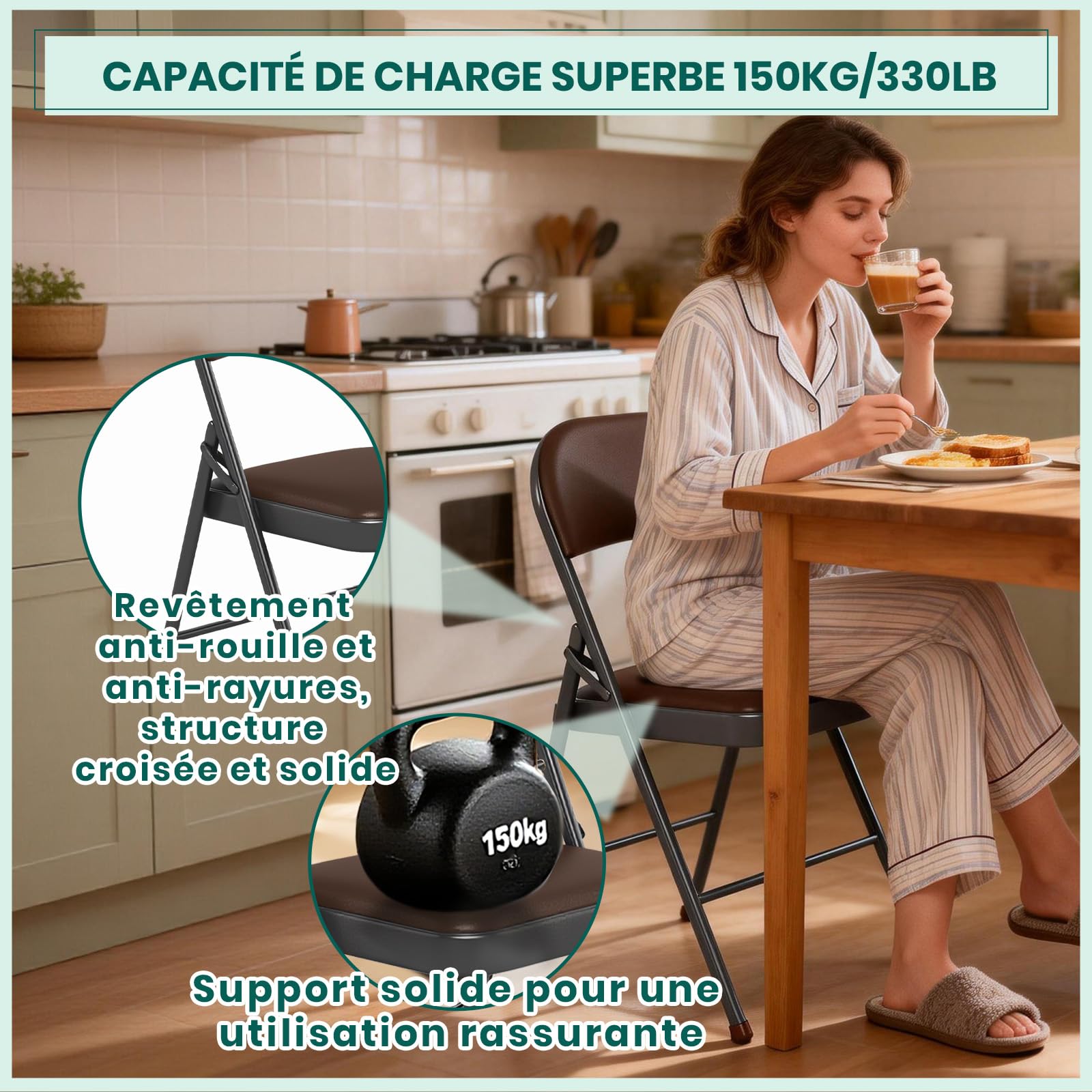 Chaise Pliante en Cuir PU Rembourrée, Cadre en Métal Solide, Légère et Compacte, pour Bureau, Maison, Événements (6, Marron)