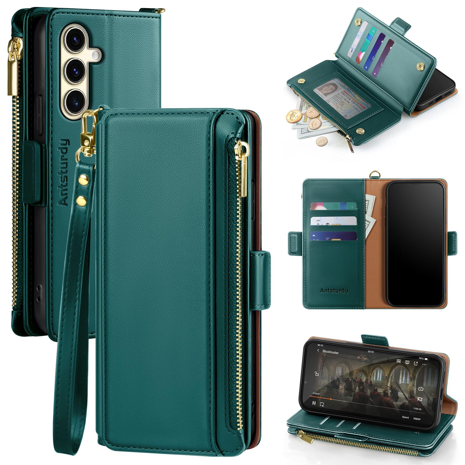 Antsturdy Compatible with Samsung Galaxy S25 Plus Wallet Case with Card Holder,PU Leather Phone Case Flip Protective Cover RFID Blocking Wrist Strap