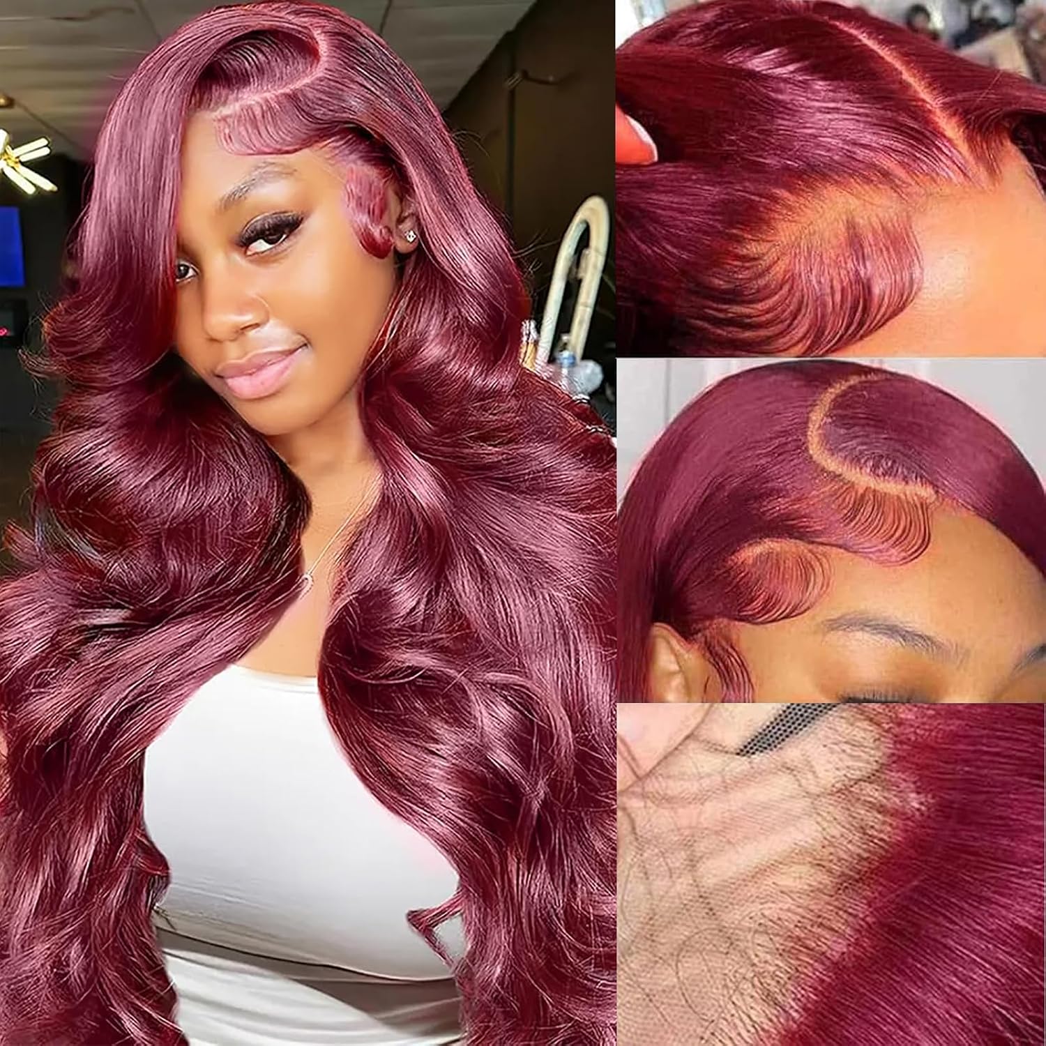 Glueless Body Wave 13x4 hd Lace Front Wigs for Black Women Burgundy Wig Pre Plucked Baby Hair Red 250 Density Synthetic Heat Resistent Fiber Hair Wig for Women Daily Party Cosplay Use 26Inch