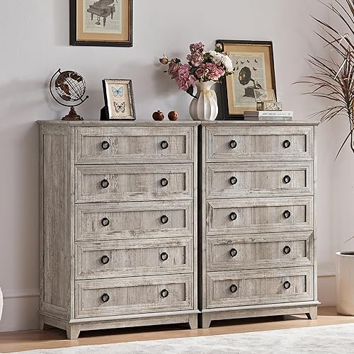 Miniatura 16 de Cómoda rústica de 5 cajones para dormitorio, cómoda pequeña de 33.2 pulgadas de alto y cómoda, cómoda de madera rústica con mango de metal, Conjunto