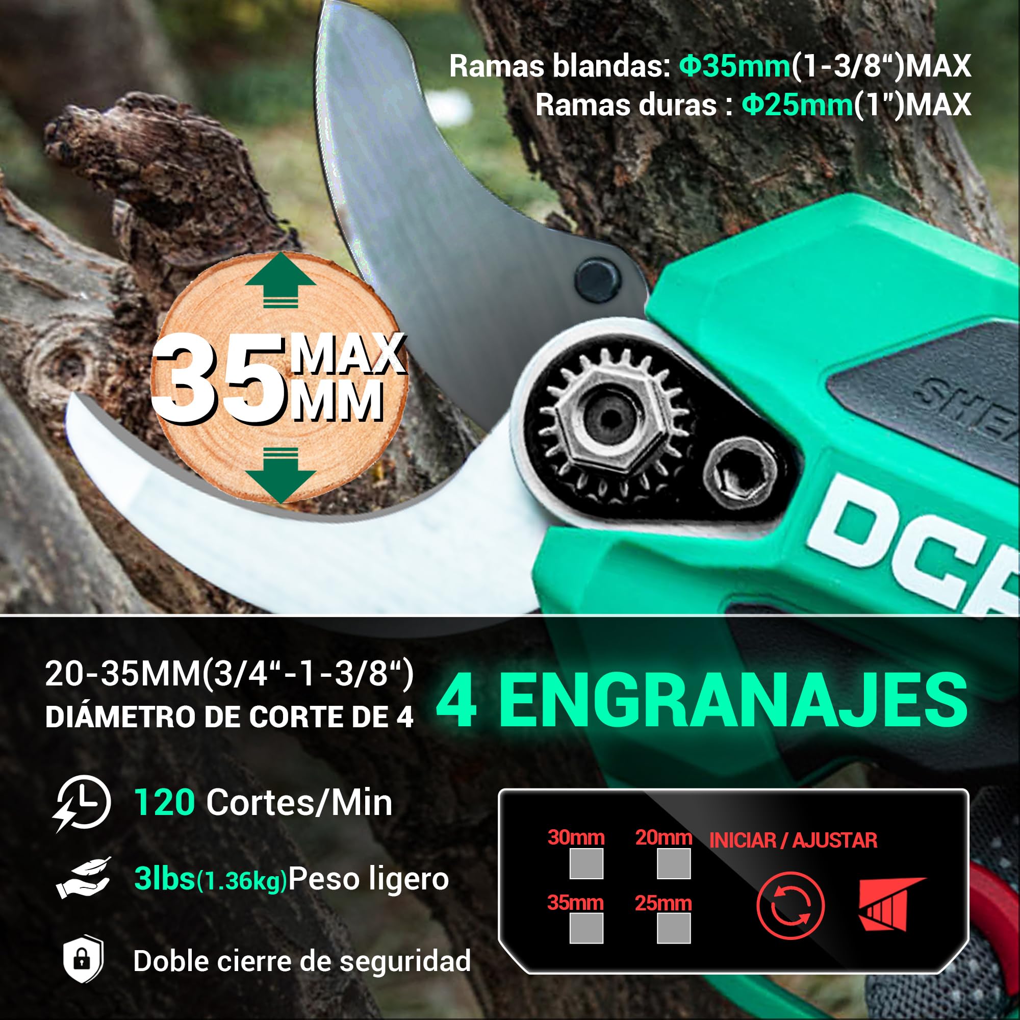 DCA Tijeras de Podar Eléctricas 20V, máx 35mm Tijeras de Podar Bateria hoja SK5, Motor Sin Escobillas con 2,0Ah Batería, con estuche de seguridad portátil para Jardinería, Árboles Frutales, Viñedos