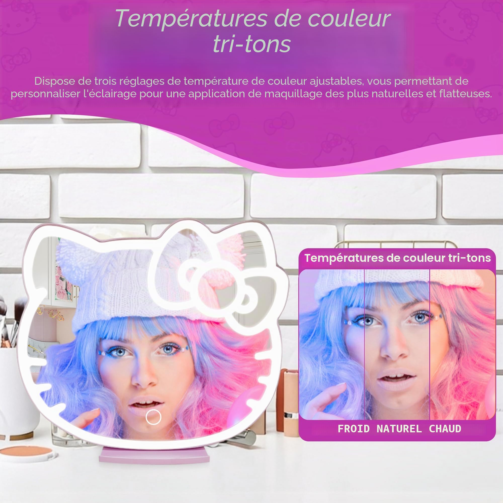 Impressions Vanity Supercute Hello Kitty Miroir de Bureau avec lumières et capteur Doux au Toucher, Miroir de Maquillage réglable à Trois Tons avec Plateau Extensible caché et Support de téléphone
