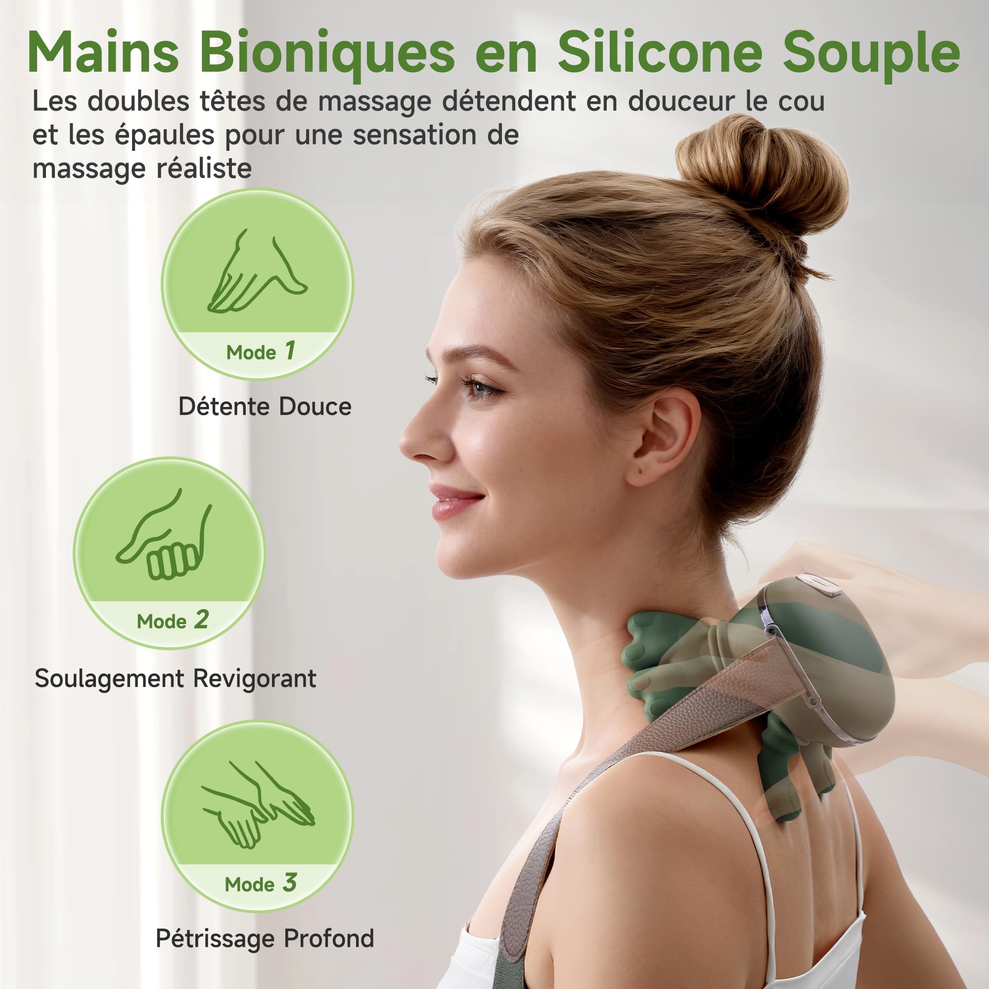 Masseur Dos et Cervicales 4D à Main Bionique, Masseur Cervical Électrique avec 3 Niveaux d’Intensité et 2 Niveaux de Chaleur, Massage Profond pour Détendre les Muscles, Soulage Douleurs et Fatigue