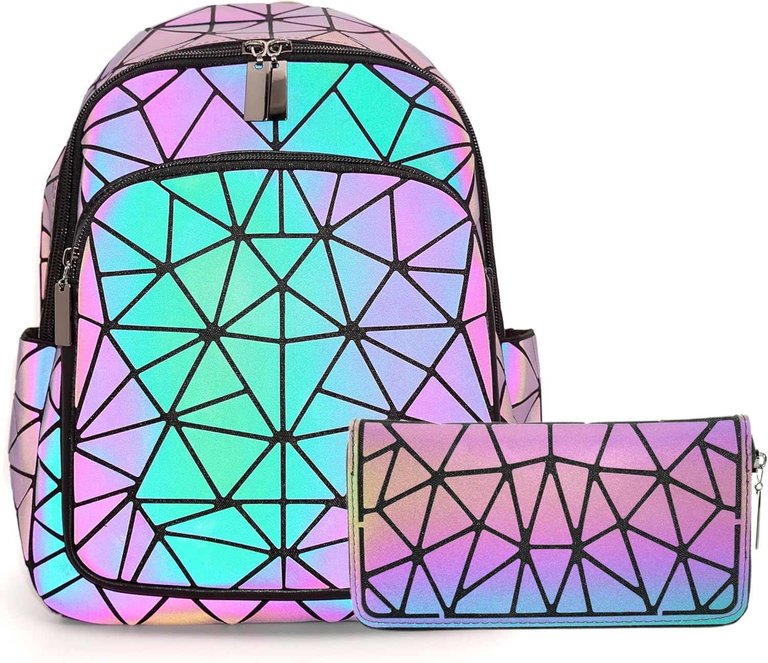 Geometric Women's Backpack Geometries Glow Large Purse Backpack Geometrical Luminous Bag Holographic Travel Bags Retro Daypack for Casual,Wallets Set-H