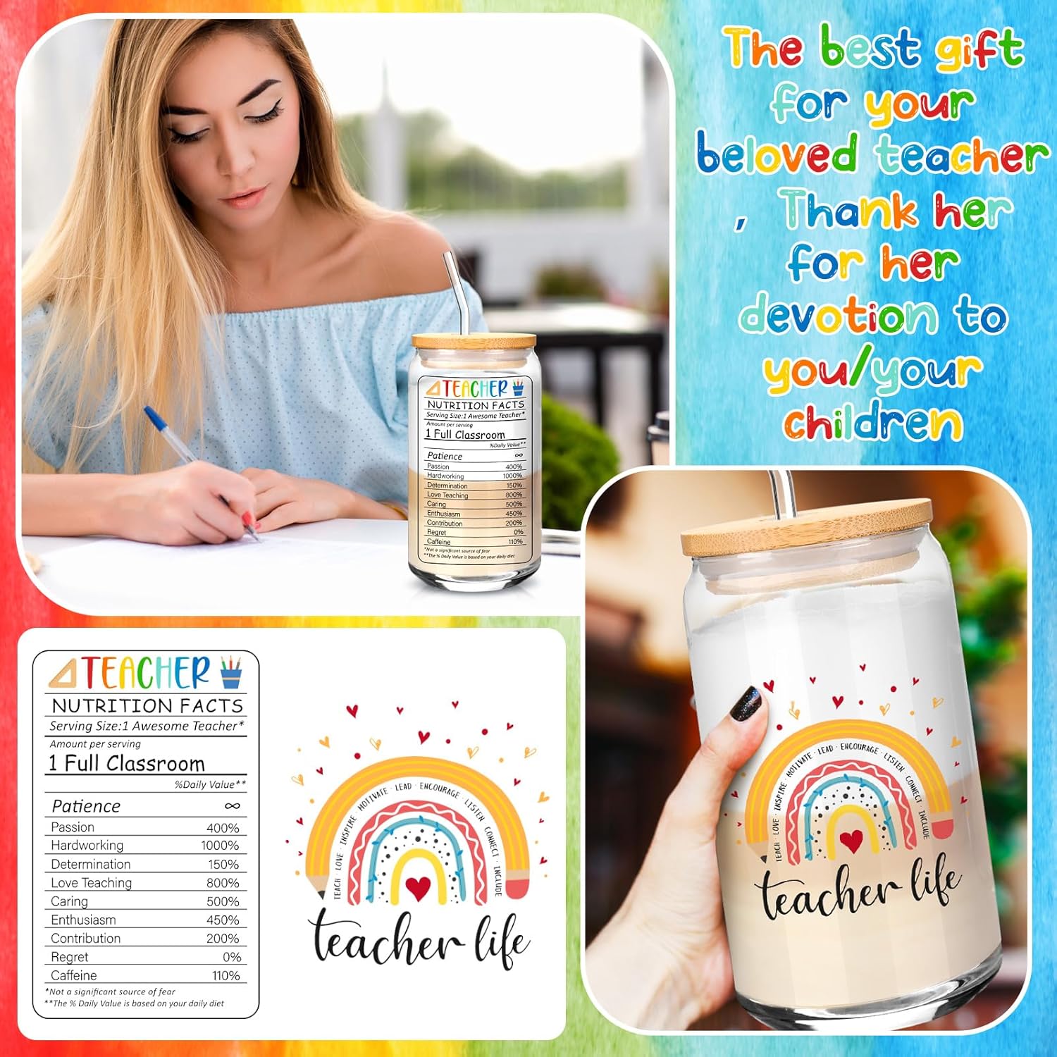 Teacher Appreciation Gift Set Thank You Teacher Gift Basket from Student for End of Year Include Tote Bag Makeup Bag Piece of Puzzle Lavender Scented Candle 16 oz Glass with Lid Straw and Brush