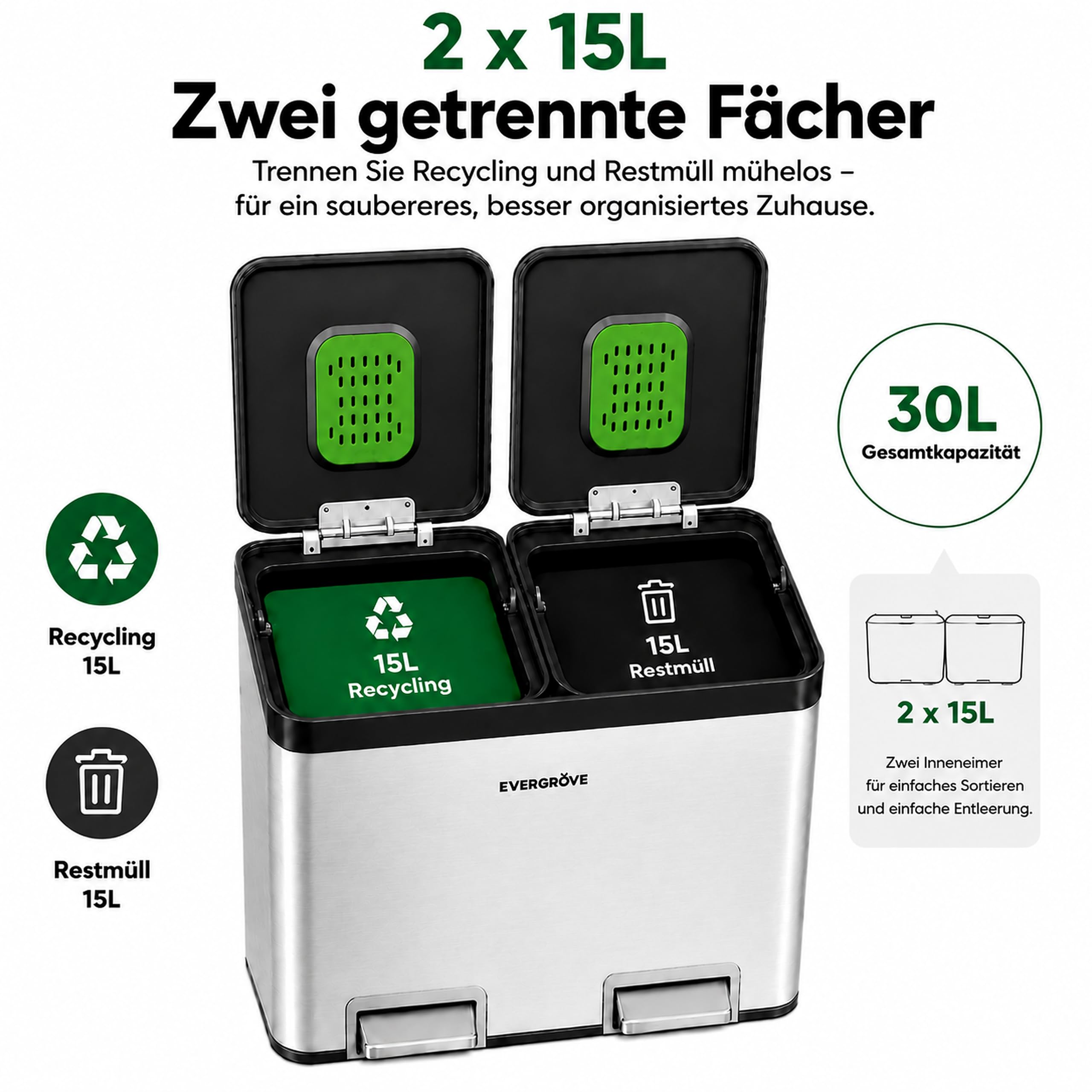 EverGrove 30-Liter-Mülltrennsystem, 2 x 15 L (Silber) | Gehäuse, Deckel und Pedale aus Edelstahl; zwei PP-Inneneimer, sanft schließende Deckel und ein eingesetzter Geruchsfilter.