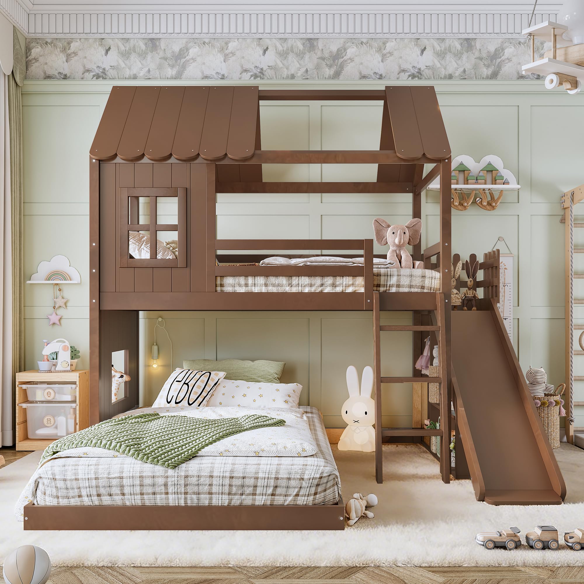 KEIKI Twin over Full Size House-Shaped Wooden Bunk Bed Frame with Storage Shelves & Wardrobe, Playhouse Design Bunk Bed with Ladder & Slide, No Box