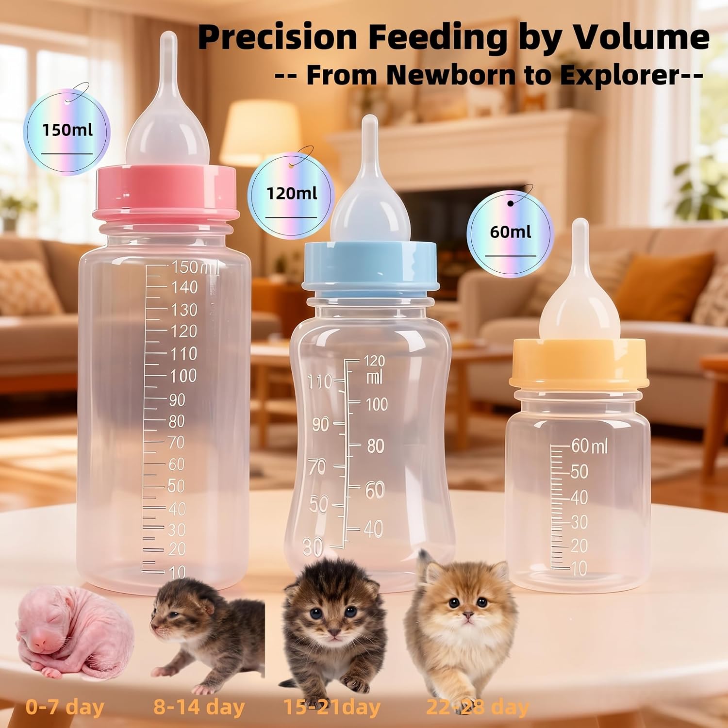 Pet Feeding Bottle Set,Puppy Kitten Nursing Bottle Anti-Choking Feeder-5.07oz/4.06oz/ 2.03oz,and 3 Pcs Replaceable Silicone Nipples for All Newborn Pets -Kitten, Puppy, Rabbit