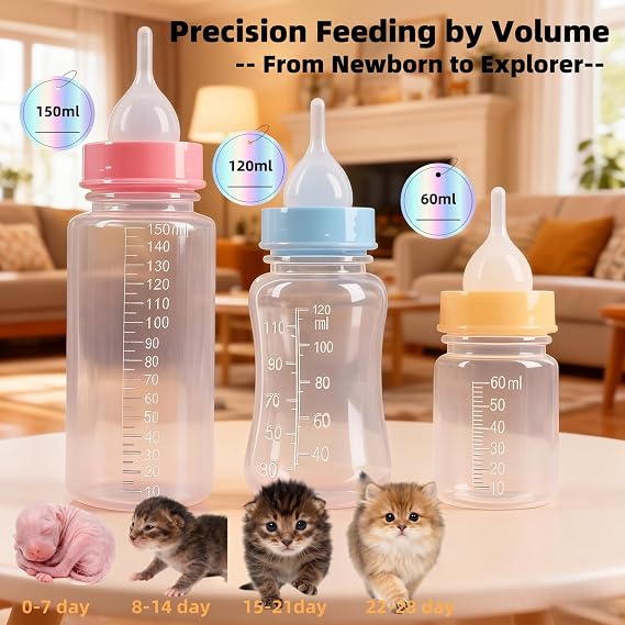 Pet Feeding Bottle Set - Anti Choking Puppy & Kitten Nursing Bottle Kit (5oz, 4oz, 2oz) with 3 Silicone Nipples - Milk Feeder for Newborn Kittens, Puppies & Small Animals