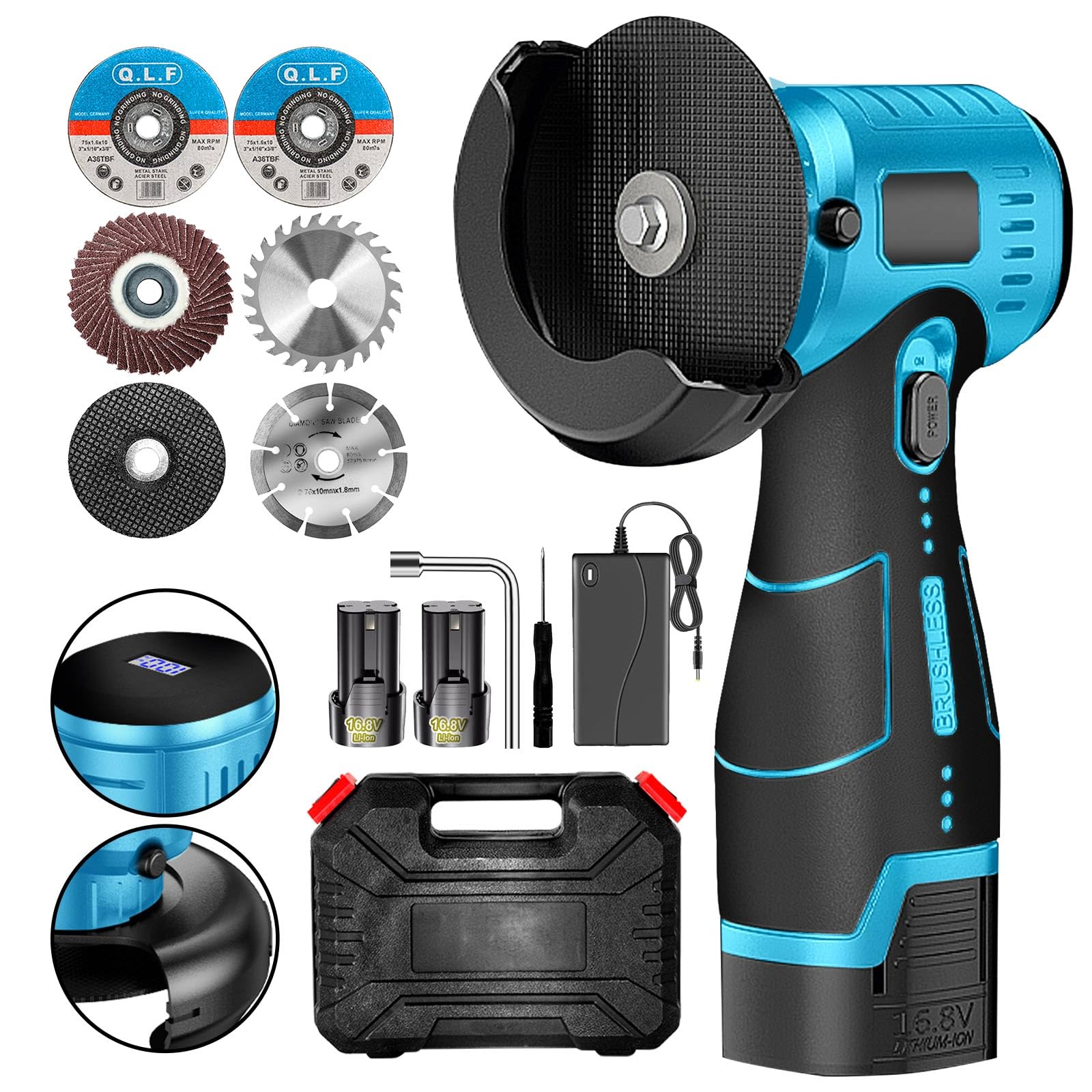 Brushless Cordless Angle Grinder Kit, 19500rpm Mini Electric Angle Grinding Tool with 2x16.8V 2000mAh Battery and 6-Cutting Discs, Grinder Handheld Cutter for Metal Wood