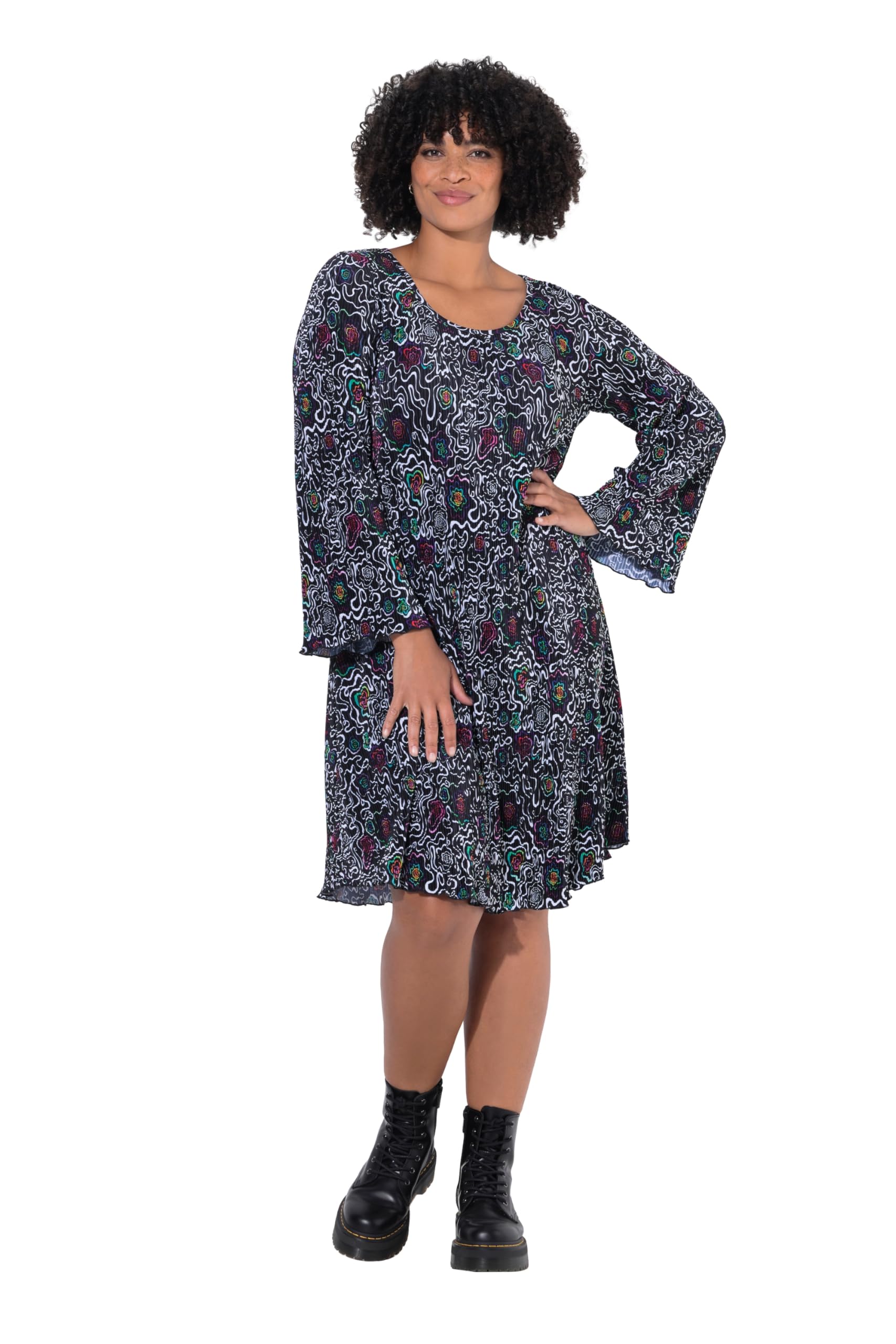 Angel of Style Damen große Größen Übergrößen Plus Size Plisseekleid, A-Linie, Allovermuster, Trompetenärmel 844457
