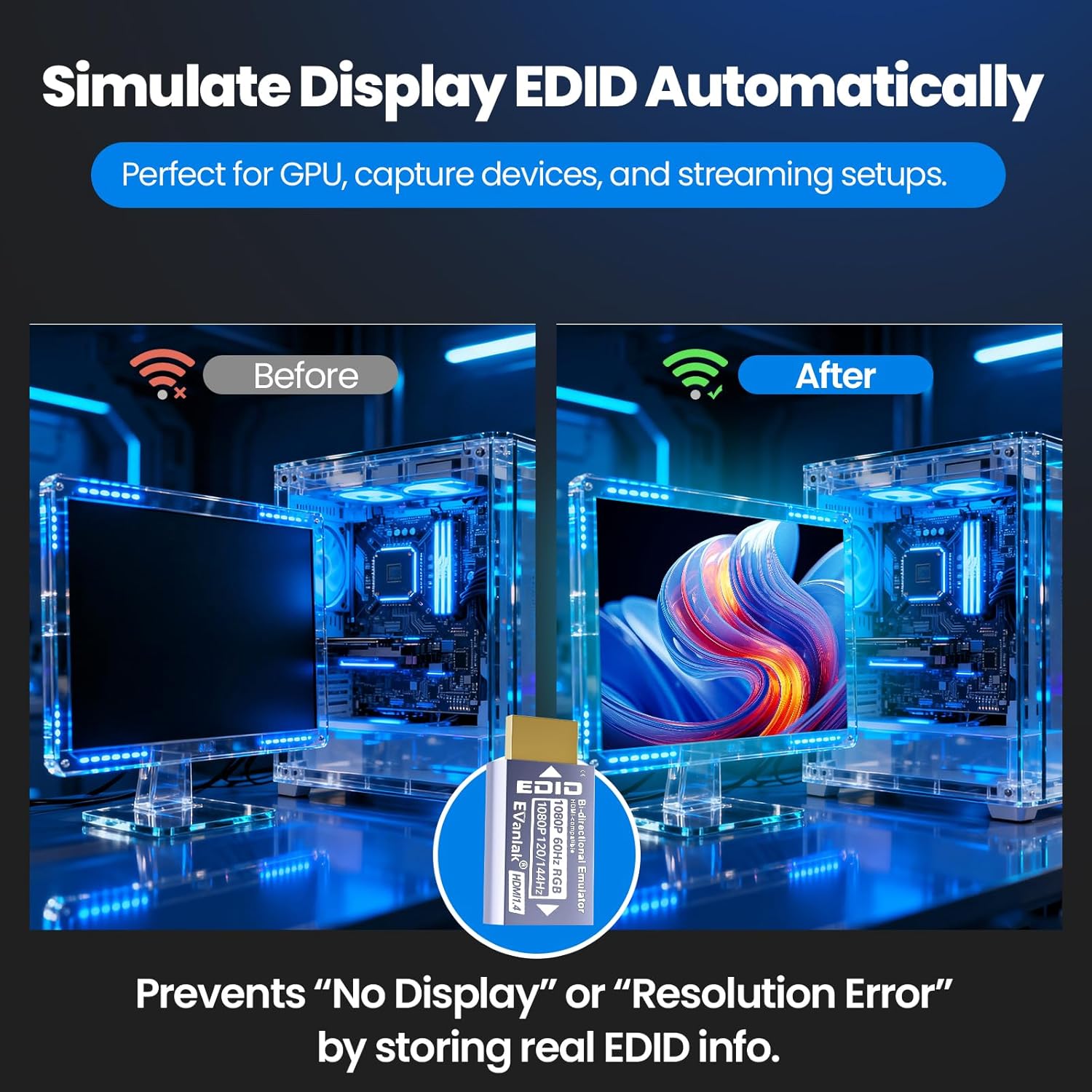 EVanlak HDMI Passthrough EDID Emulator Adapter - Dummy Plug Virtual Monitor Headless Ghost Display Adapter, 1920x1080@60Hz to 144Hz, 1 Pack - Image 3