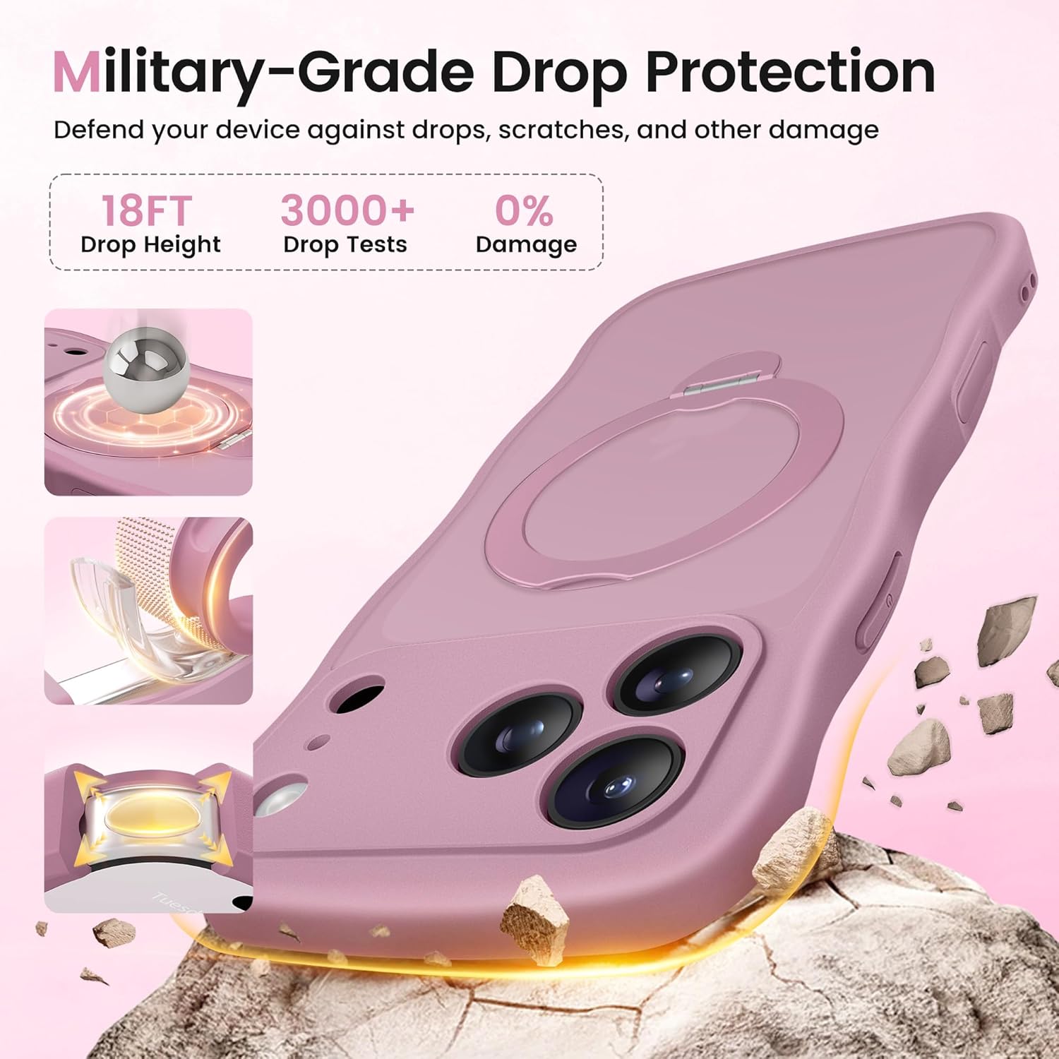 CAPRARO for iPhone 17 Pro Max Case with 360° Spin Magnetic Stand for Women, [Compatible with MagSafe] [Full Camera Protection] Cute Wave Translucent Matte Case for iPhone 17 Pro Max, Black Currant - Image 7