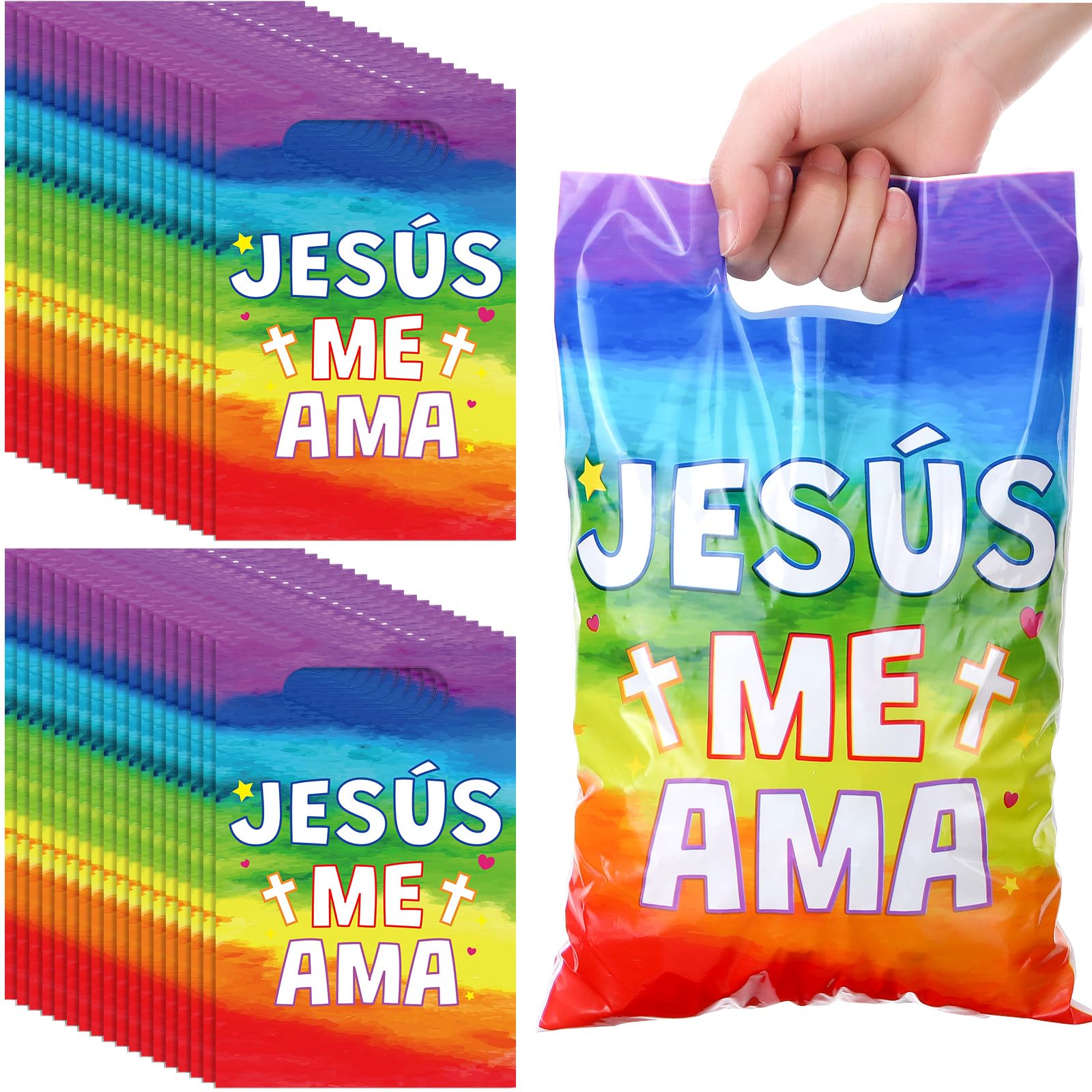 Hosuly 50 Pieces Spanish Jesus Loves Me Gift Bags Christian Plastic Goody Candy Bags with Handles Jesus Me AMA Religious Treat Gifts Christian Cross