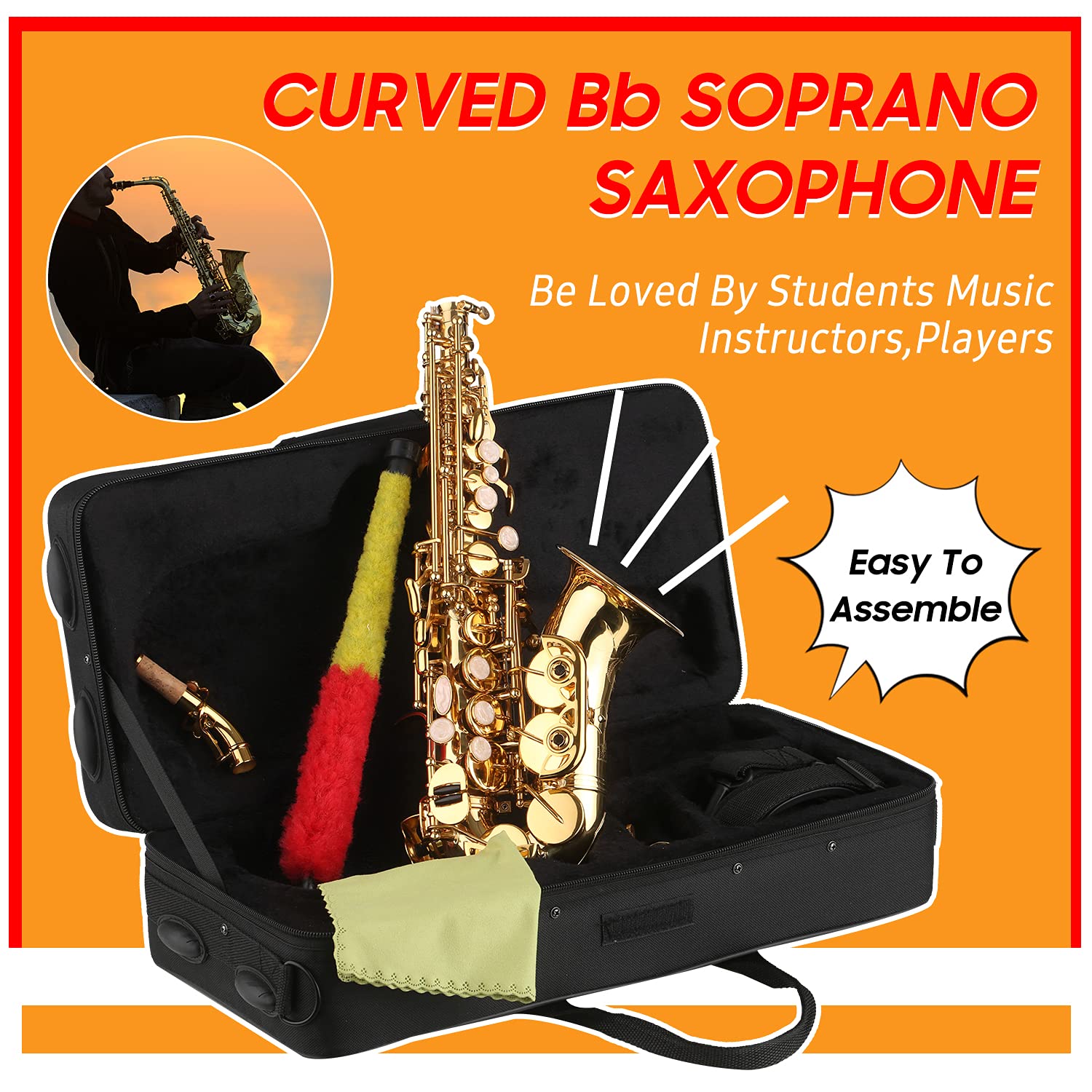 sassofono soprano,Sassofono soprano in Sib Lacca dorata Sax in ottone con custodia per strumento Bocchino Tracolla per panno Spazzola per pulizia per musicisti principianti