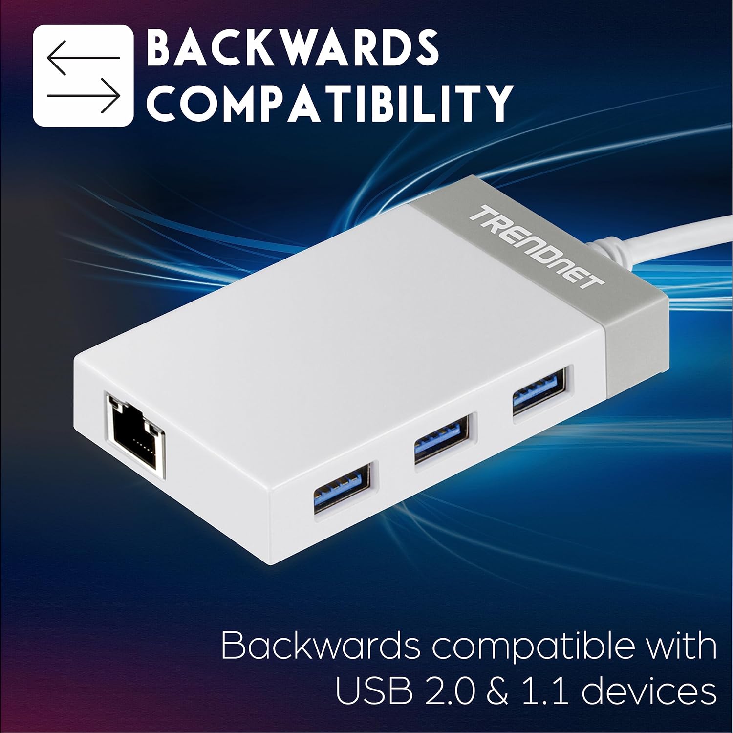 TRENDnet USB C to Ethernet Gigabit Adapter, TUC-ETGH3, Compact USB Type C Hub, 3 x USB 3.0 Ports, 1 x RJ-45 Gigabit Ethernet Port, Windows and Mac Compatible, White