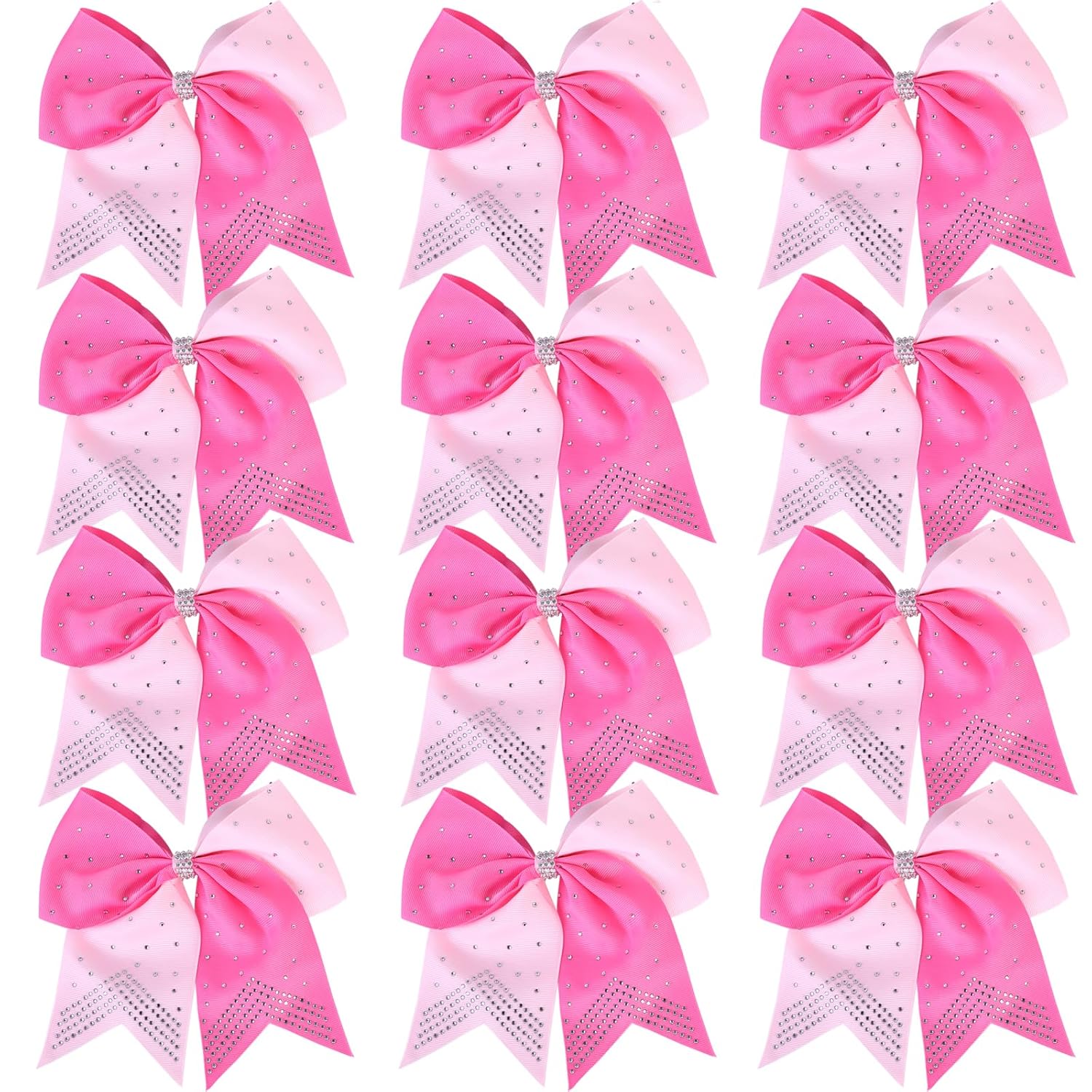 Hipcheer 12PCS 8" Rhinestones Large Cheer Hair Bows for Girls, Hand-made Grosgrain Ribbon Hair Accessories for Teen Girls Softball Cheerleader Sport (Hot pink/Pink)