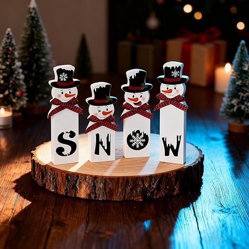 Miniatura 2 de Decoración navideña de muñeco de nieve de madera para interiores, 4 piezas, bloque de muñeco de nieve con cinta, bandeja escalonada rústica Let It