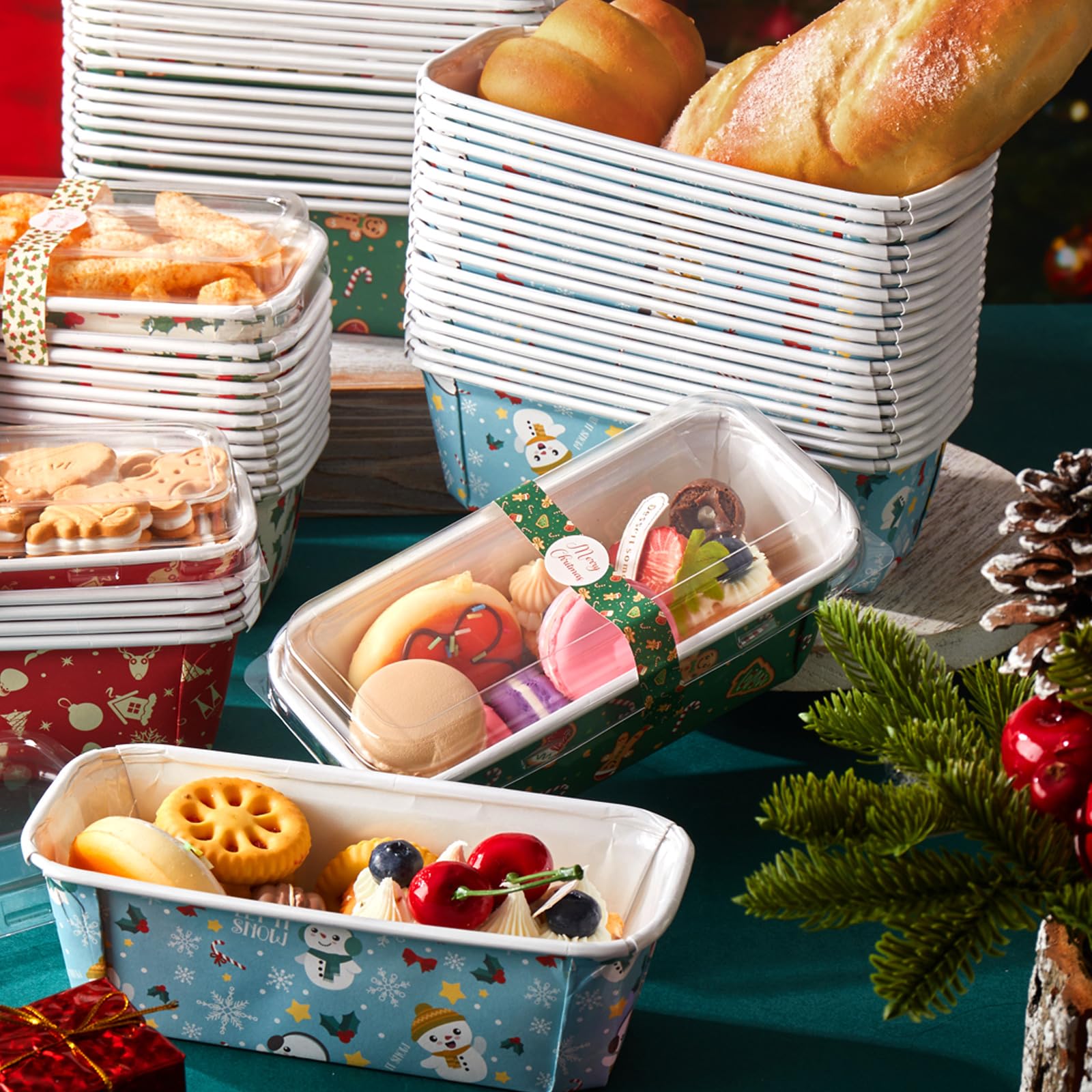 Maxcheck 40 Sets Christmas Loaf Pan with Lid Xmas Tree Snowman Disposable Baking Pans 6.3 x 2.17 x 2.17 Paper Loaf Molds with Stickers for Bread Cake Meatloaf Baked Goods Microwave Oven Freezer Safe
