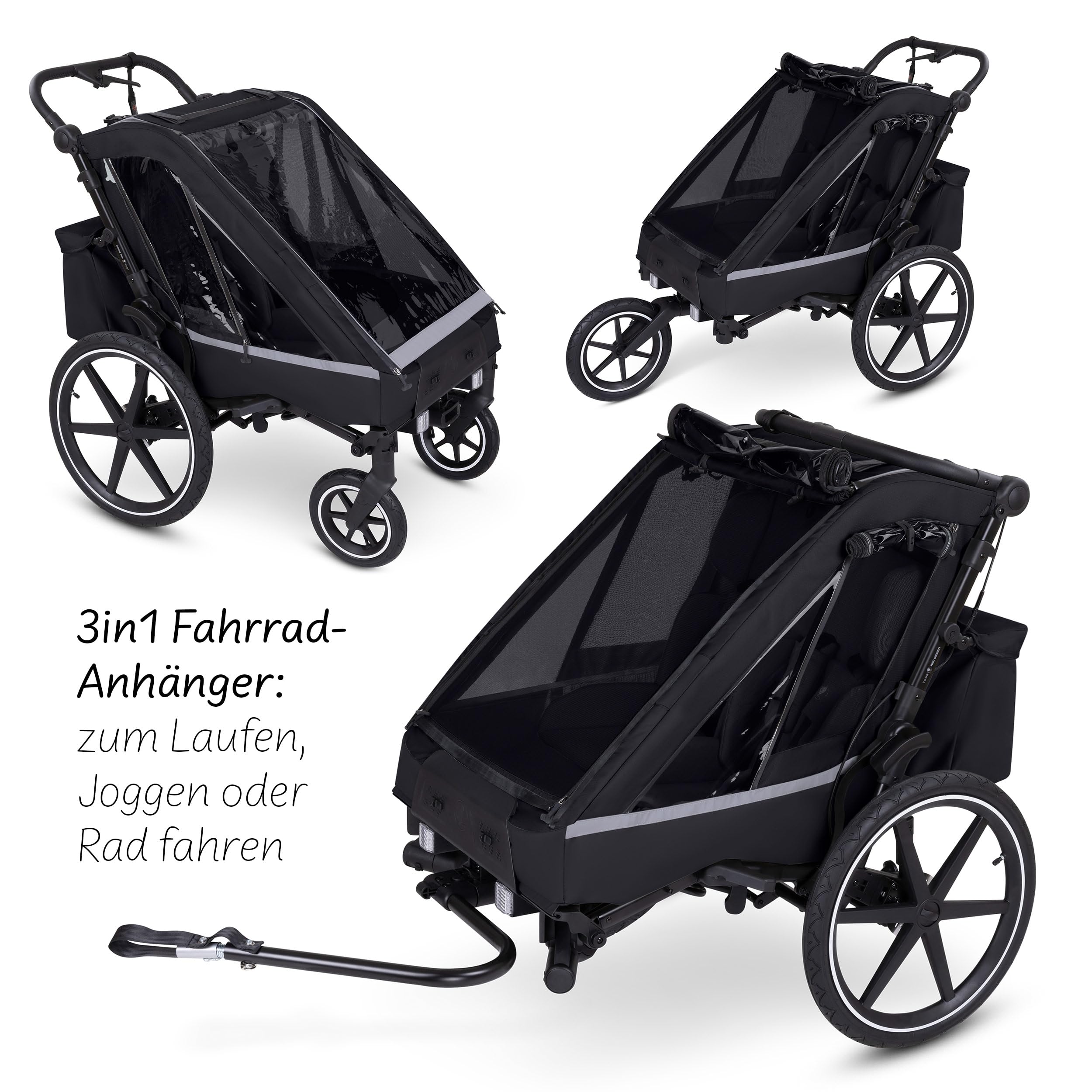ABC Design Rimorchio per bicicletta 3 in 1 Tour con 2 sedili confortevoli e ruote pneumatiche – Ink