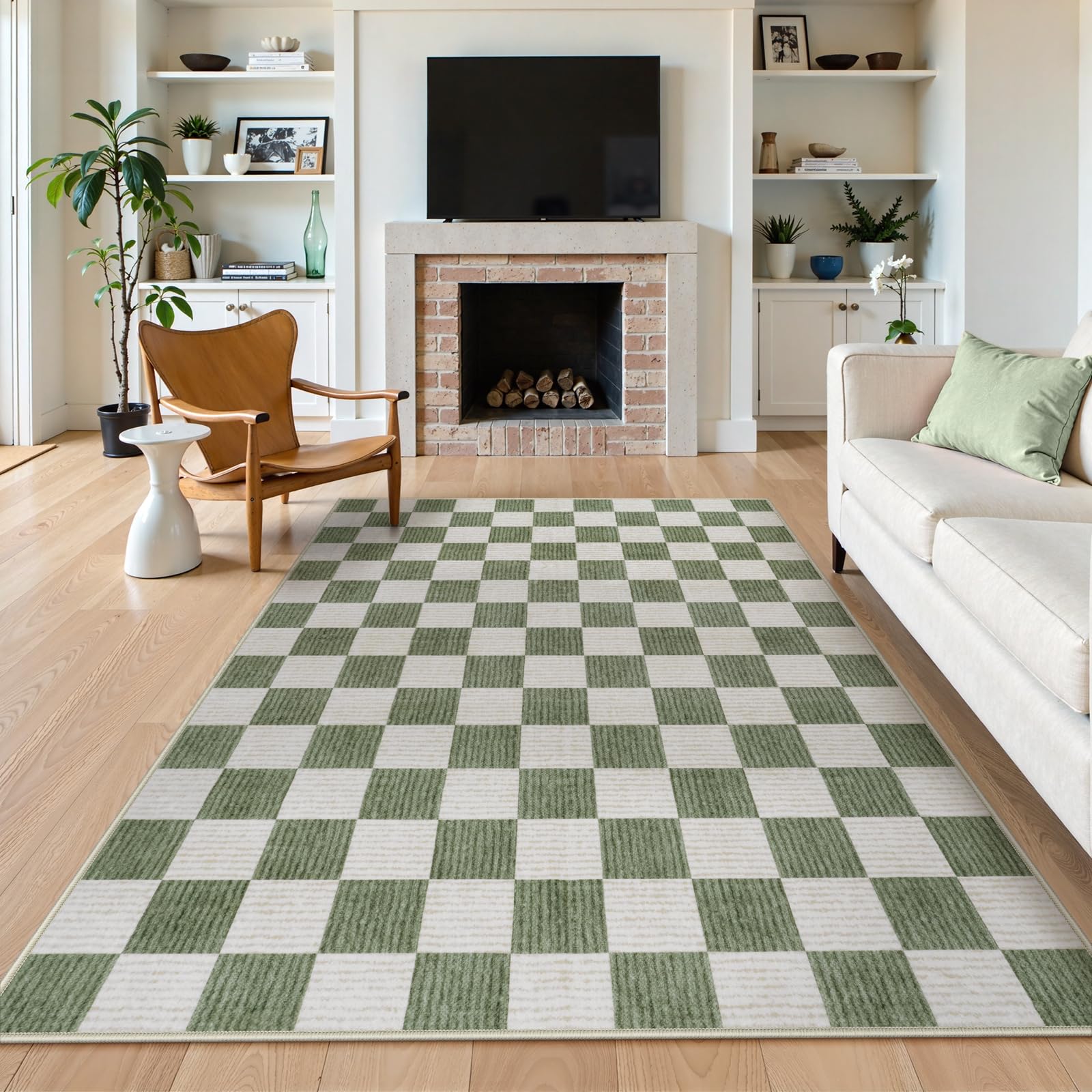 LIVEBOX Machine Washable Area Rug 6x9 Checkered, Non Slip Soft Large Bedroom Living Room Rug Farmhouse Neutral Classic Geometric Pattern Boys Rug,