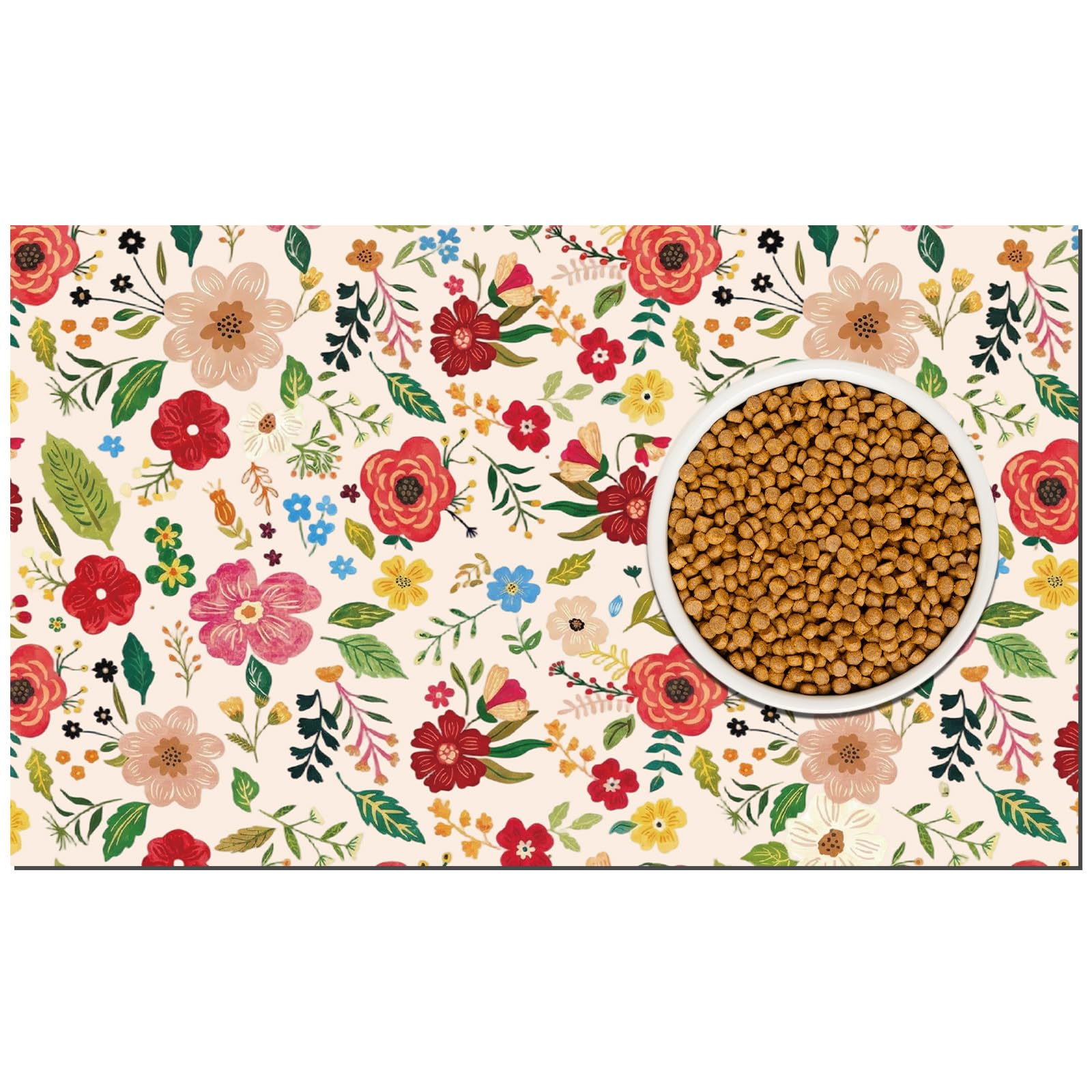 Floral Cat Dog Food Mat, Absorbent Pet Mats for Food Water Bowls, Cat Feeding Mats Non Slip for Indoor Floors, 16 * 24 inch