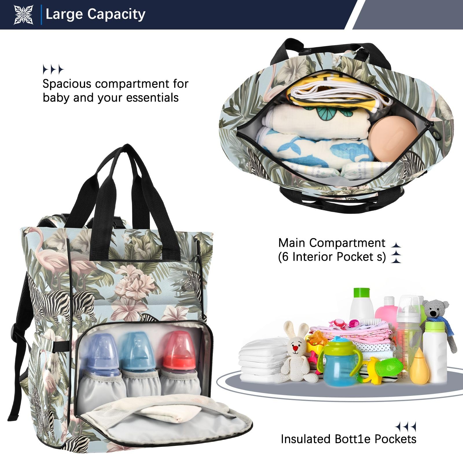 Mnsruu Ffyy6_tropical_jungle_themed_decorative_pattern_featuring_zebra_ab256bc0-34b2-42b9-9aef-f7c66c4fa2de Borsa per pannolini per bambini zaino grande borsa impermeabile da viaggio borse per