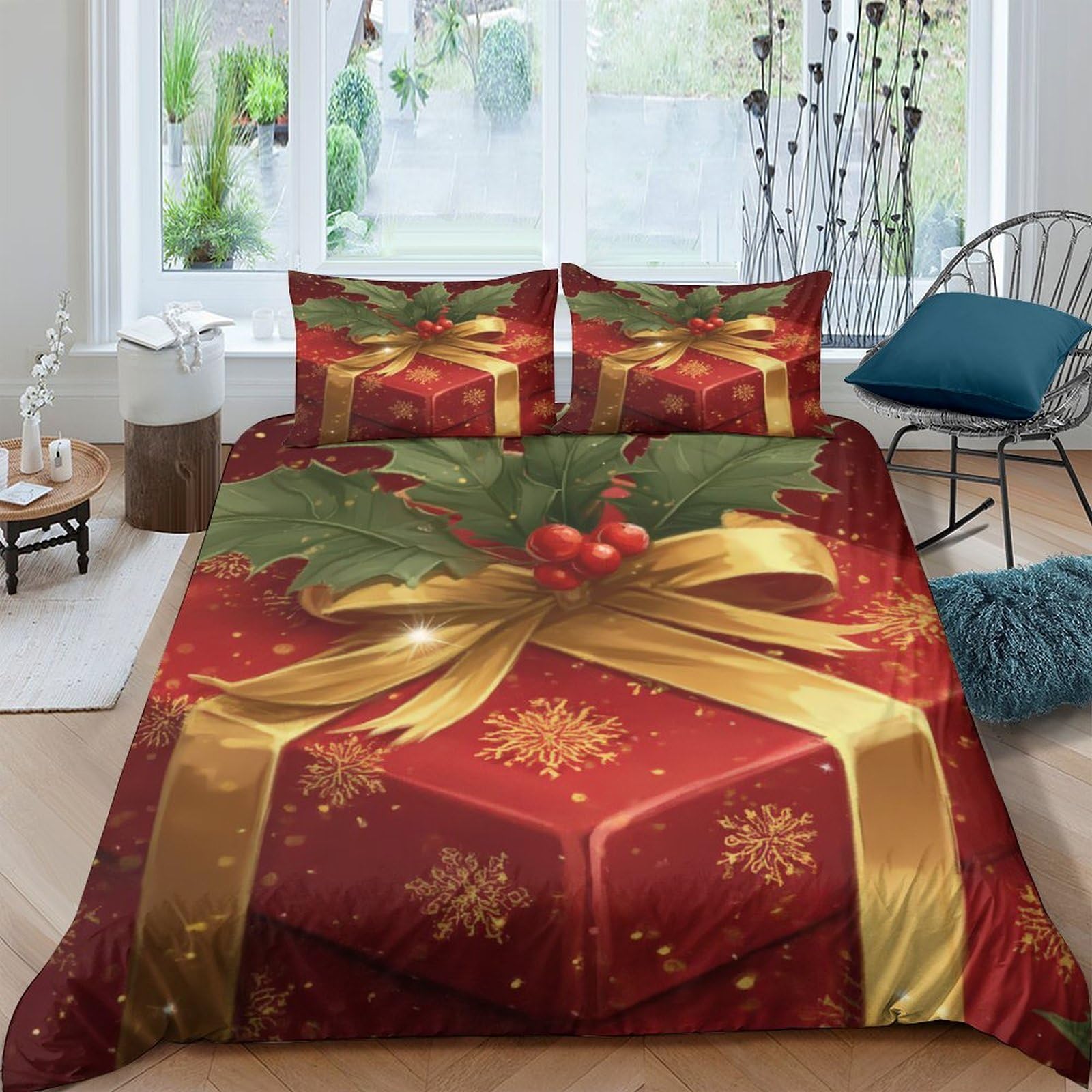 Ctjqhvkz Style-4 3D Printed Fitted Sheet Microfiber Red Gold Holly Bed Sheet For Bedroom Guest Room Easy Care Decor Single（135X200cm）