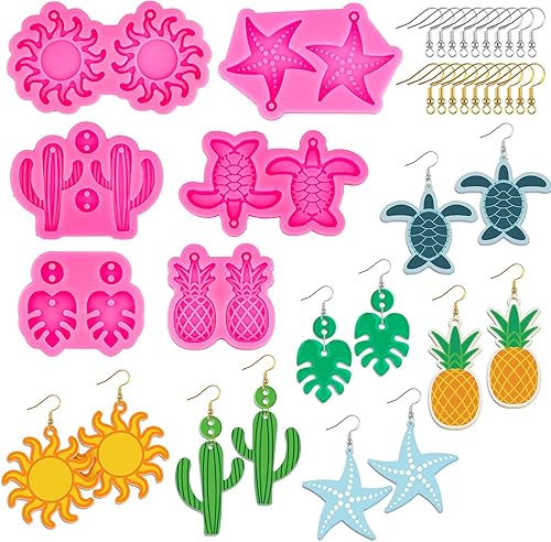 Whaline 6 pares de moldes de resina para aretes de verano con 40 ganchos para aretes de oro plateado, hojas tropicales hawaianas, forma de cactus y