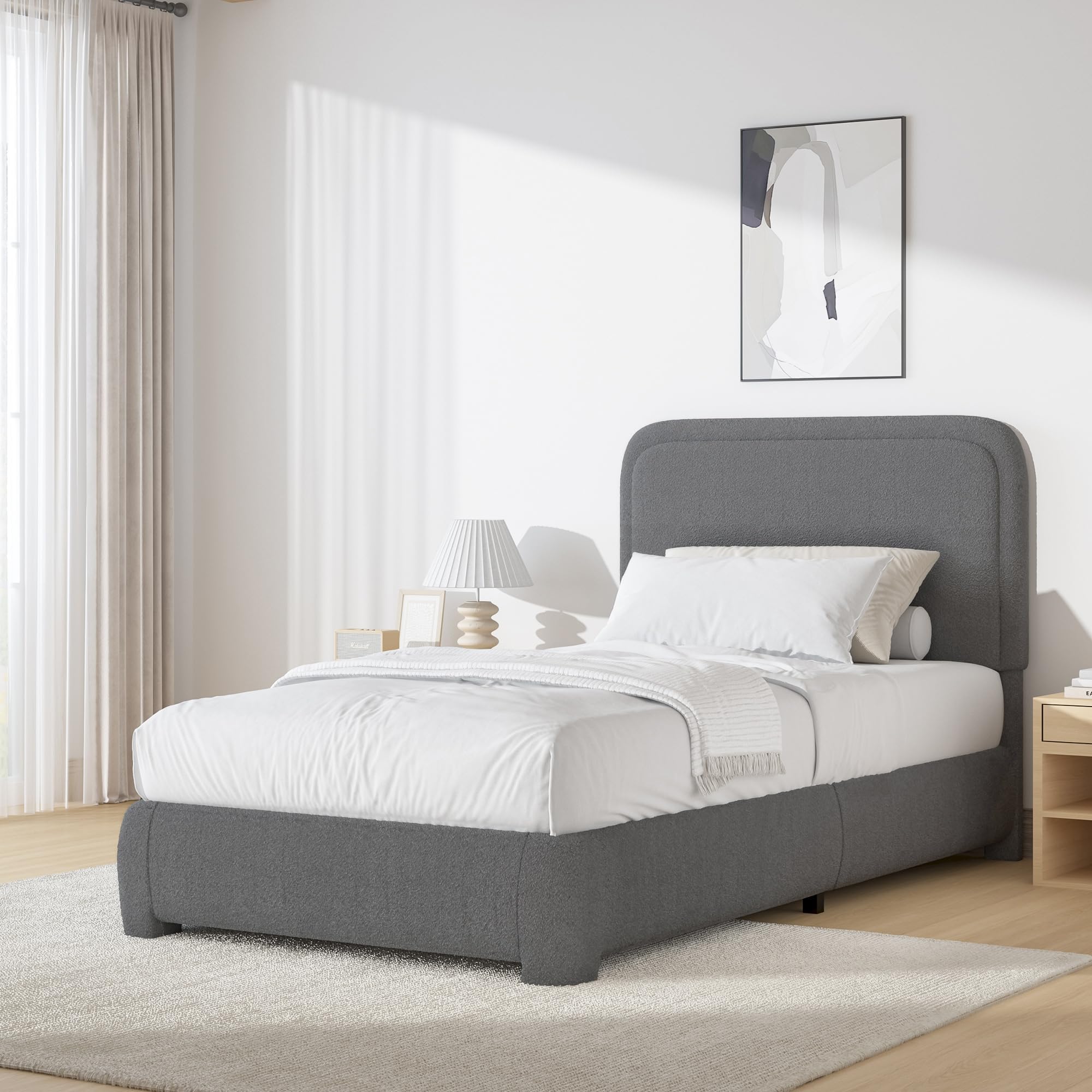 BarnFurin Twin Bed Frame, Cloud Boucle Headboard, Low Profile, Dark Grey