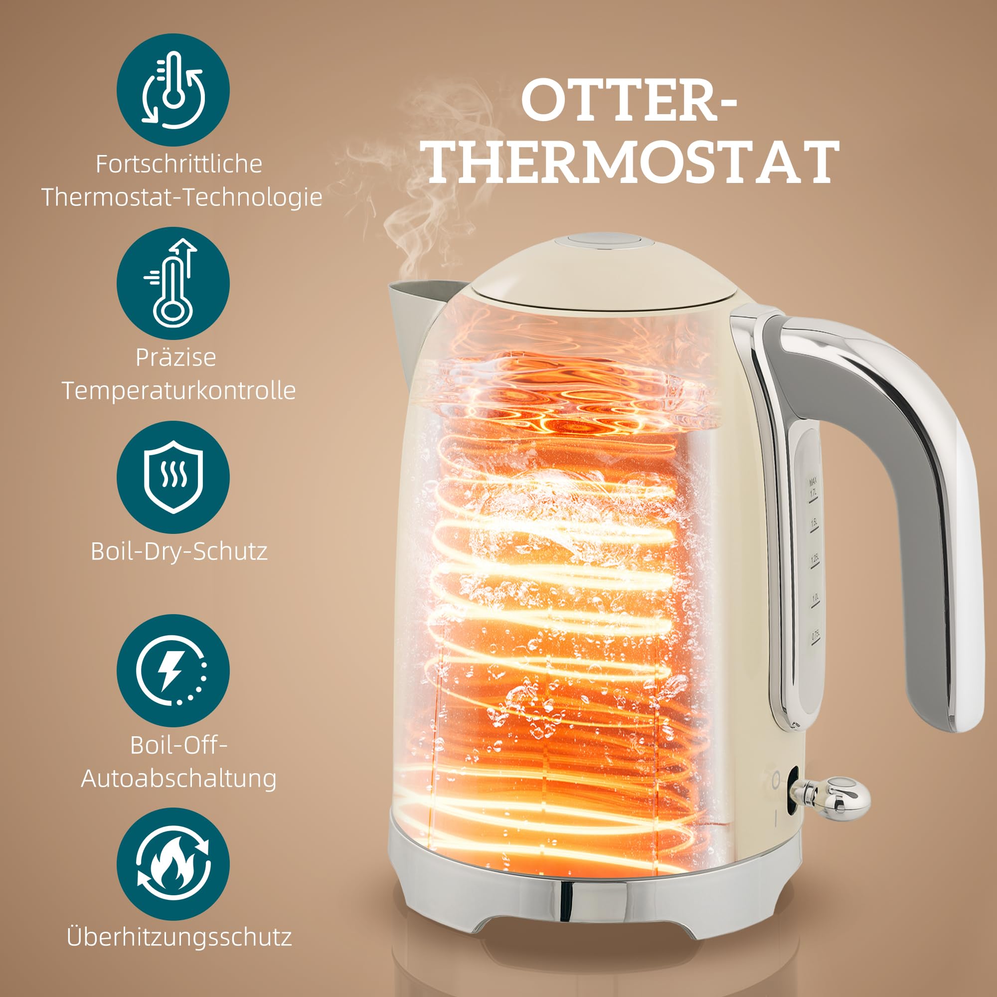 HOMCOM Wasserkocher Toaster Set, 2200 W, 1,7 L Edelstahl, Frühstückset, Cremeweiß
