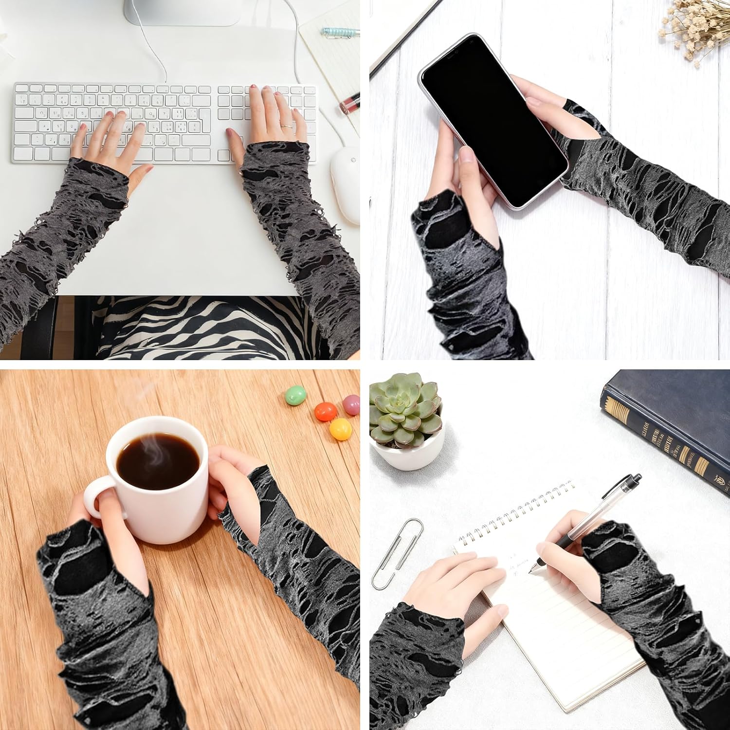 2 Pairs Punk Fingerless Gloves Broken Slit Arm Warmers Ripped Gothic Gloves for Women Men Goth Rock Halloween Costume - Image 4